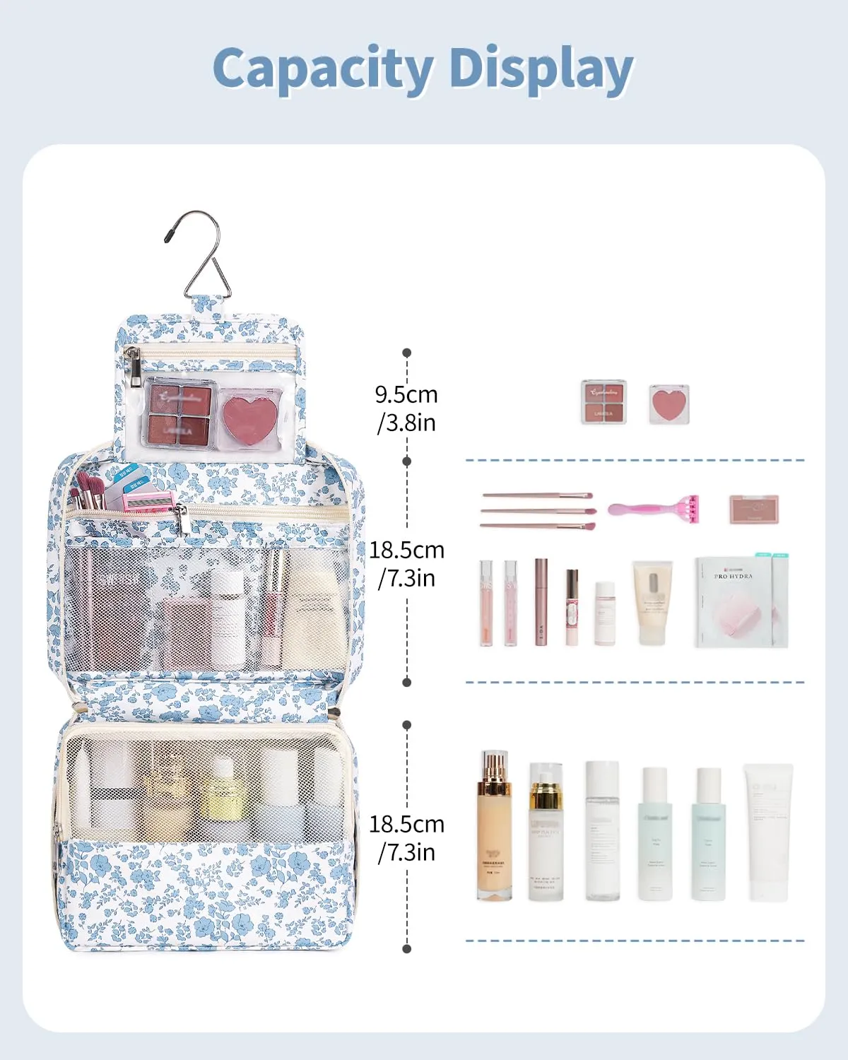 Narwey Beauty Case da Viaggio, Beauty Case da Appendere per Donna Uomo, Borsa da toilette Wash Bag da Travel Kit Viaggio, Trousse Pochette Trucchi Donna per Viaggio (Fiore Azzurro Piccolo) - immagine 3