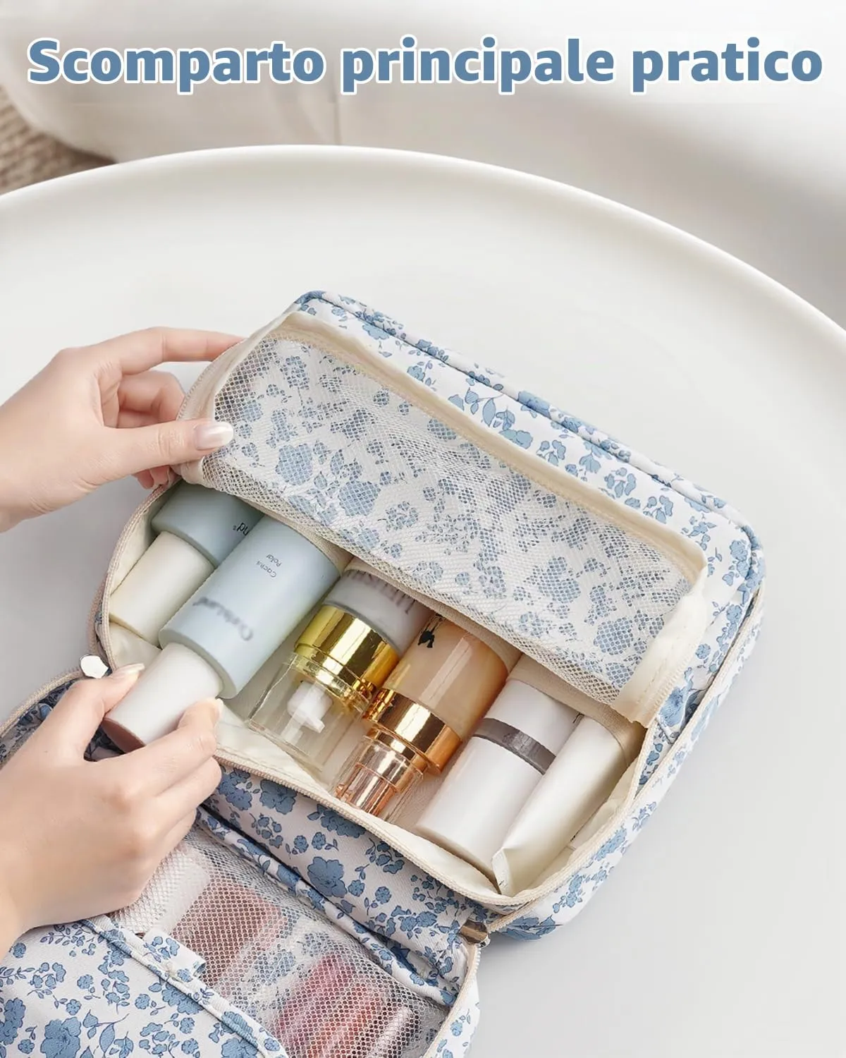 Narwey Beauty Case da Viaggio, Beauty Case da Appendere per Donna Uomo, Borsa da toilette Wash Bag da Travel Kit Viaggio, Trousse Pochette Trucchi Donna per Viaggio (Fiore Azzurro Piccolo) - immagine 5