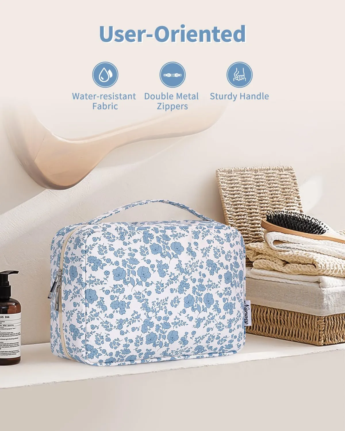 Narwey Beauty Case da Viaggio, Beauty Case da Appendere per Donna Uomo, Borsa da toilette Wash Bag da Travel Kit Viaggio, Trousse Pochette Trucchi Donna per Viaggio (Fiore Azzurro Piccolo) - immagine 6