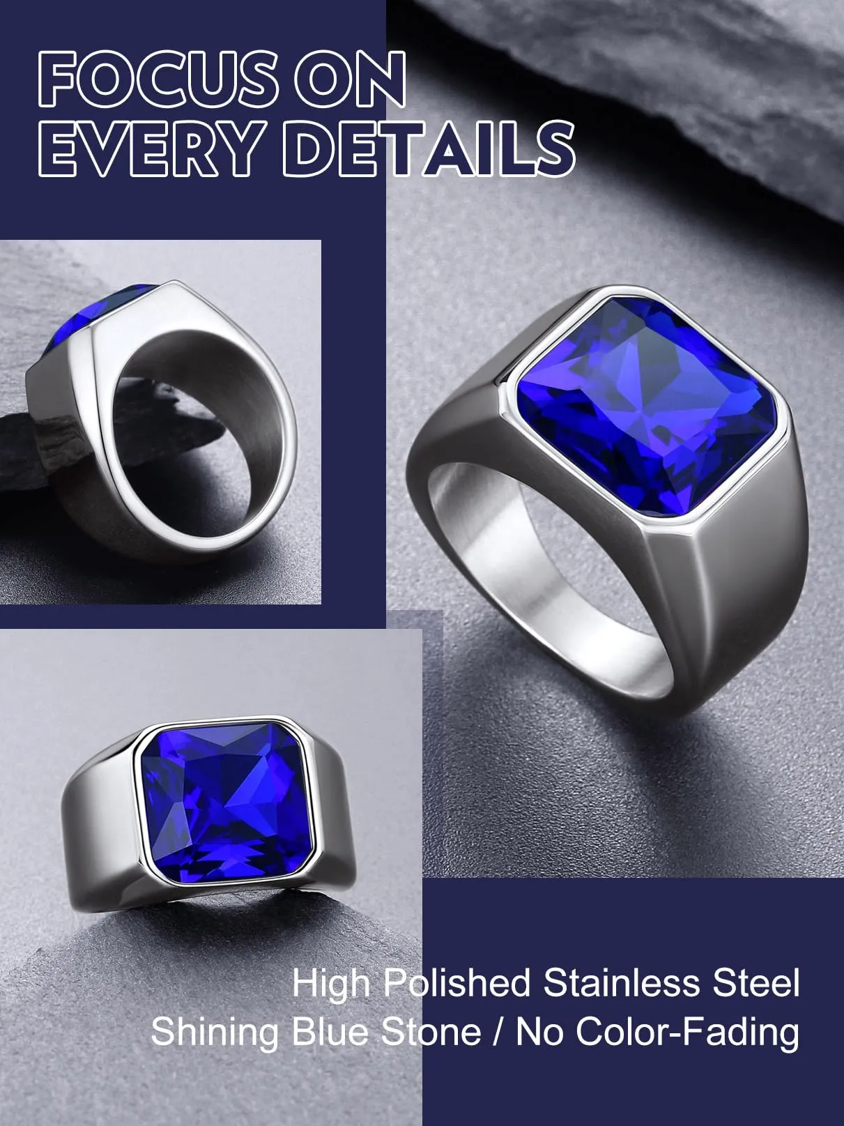 Bandmax Anello Uomo Donna in Acciaio Inossidabile, Anello Argento Uomo con Pietra Zaffiro, Anello Misura 32.5 Circonferenza 72.3mm, Confezione Regalo - immagine 6