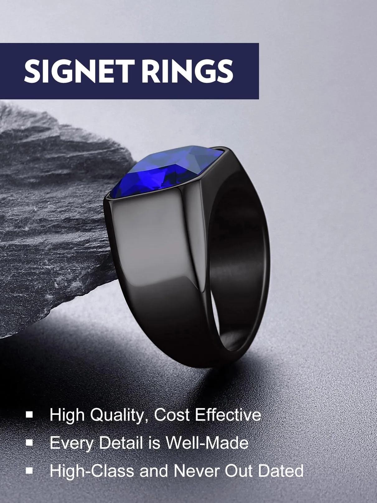 Bandmax Anello Uomo Donna in Acciaio Inossidabile, Anello Nero Uomo con Pietra Zaffiro, Anello Misura 25 Circonferenza 64.6mm, Confezione Regalo - immagine 5