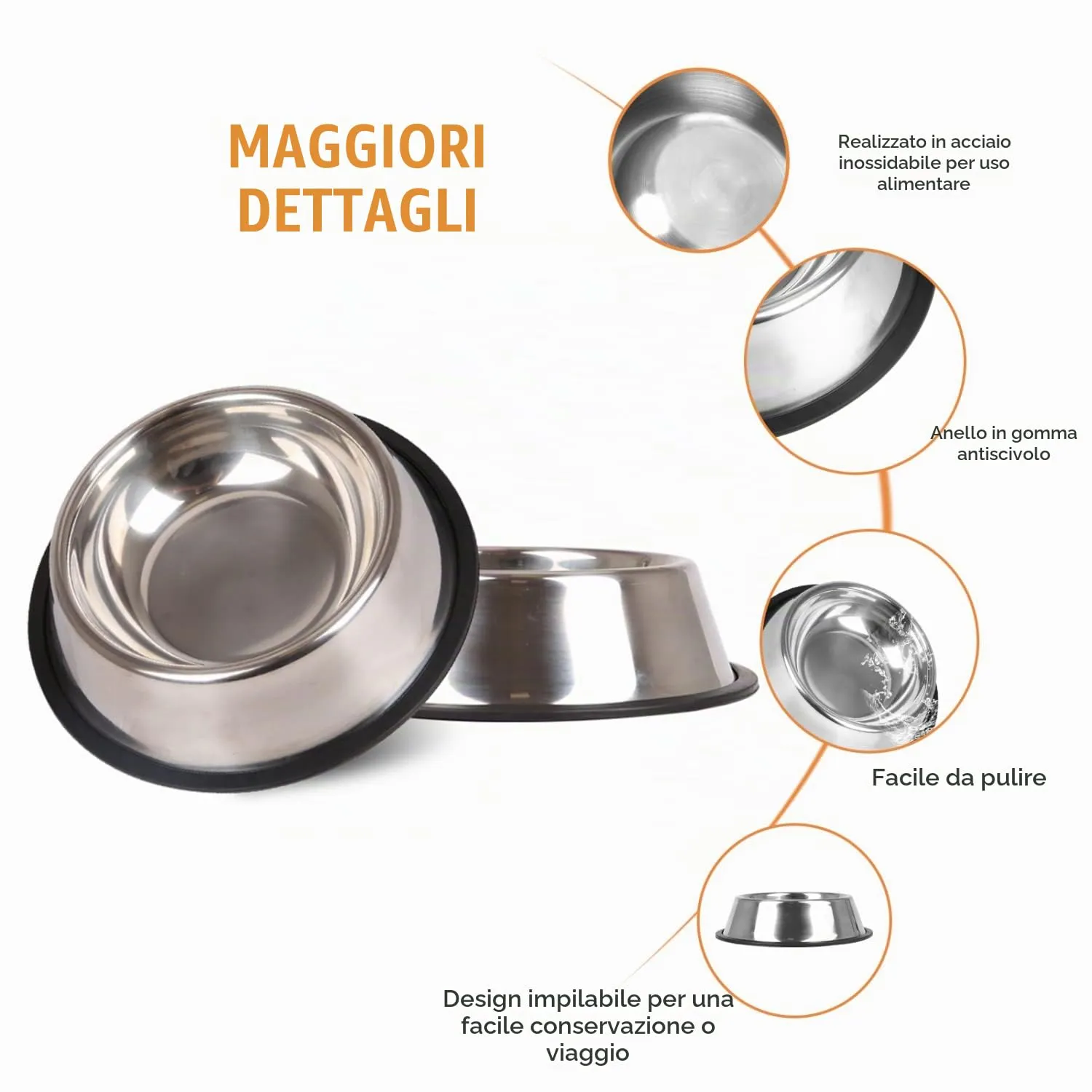 Nobleza - 2 Pack Ciotole per Cani in Acciaio Inox, Lotole per Cani con Base in Gomma Antiscivolo, Ciotola per Acqua e Cibo per Cani, Ciotola per Animali Domestici Taglia Media/Grande 25.5 CM - immagine 4