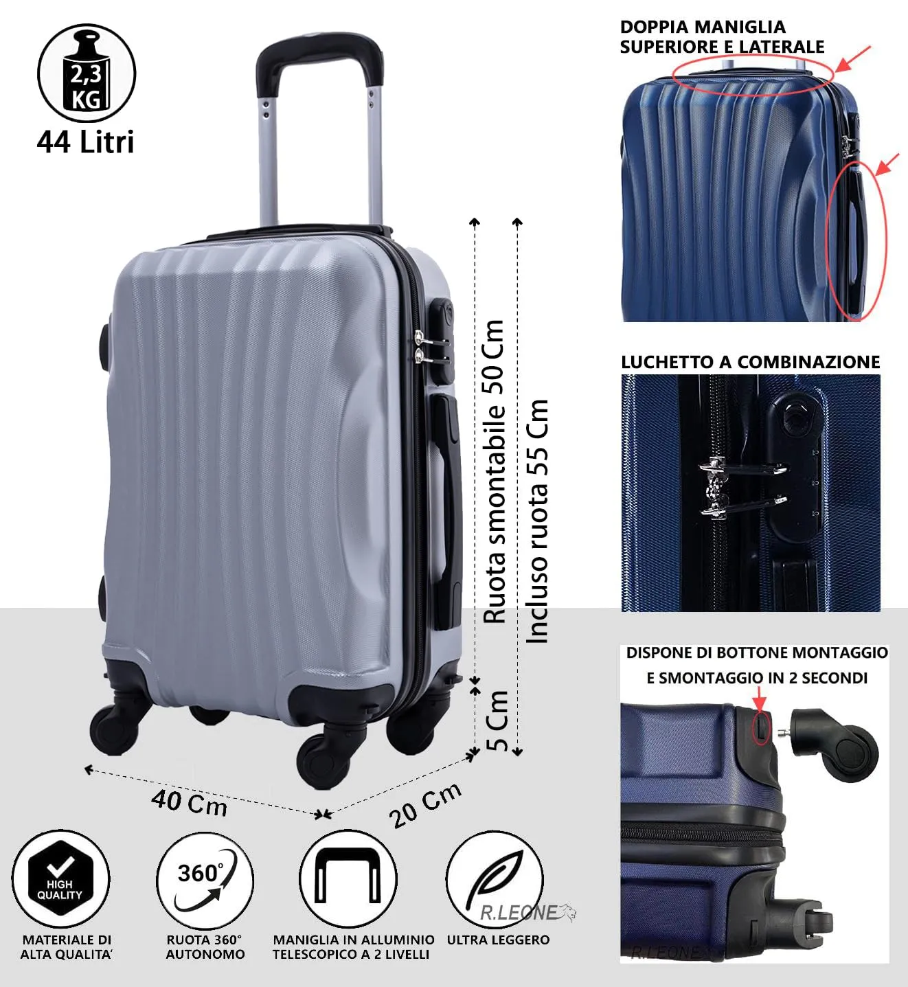 R.Leone Ryanair 55x40x20 cm Valigia Trolley Bagaglio a mano 4 Ruote rimovibile Ultraleggero in ABS Autonomo 20373N (Argento, Valigia 55X40X20cm) - immagine 2