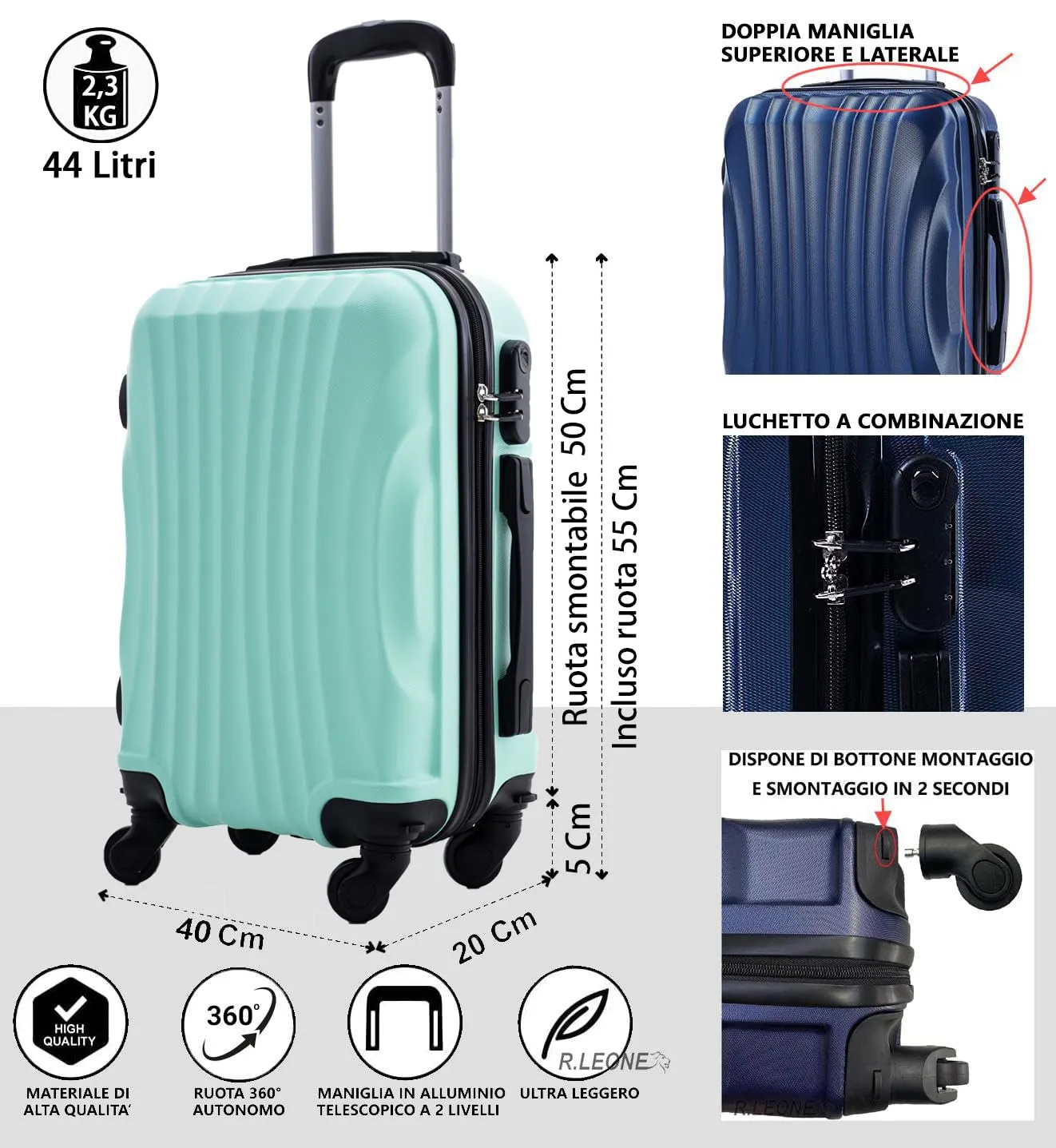 R.Leone Ryanair 55x40x20 cm Valigia Trolley Bagaglio a mano 4 Ruote rimovibile Ultraleggero in ABS Autonomo 20373N (Verde Acqua, Valigia 55X40X20cm) - immagine 2