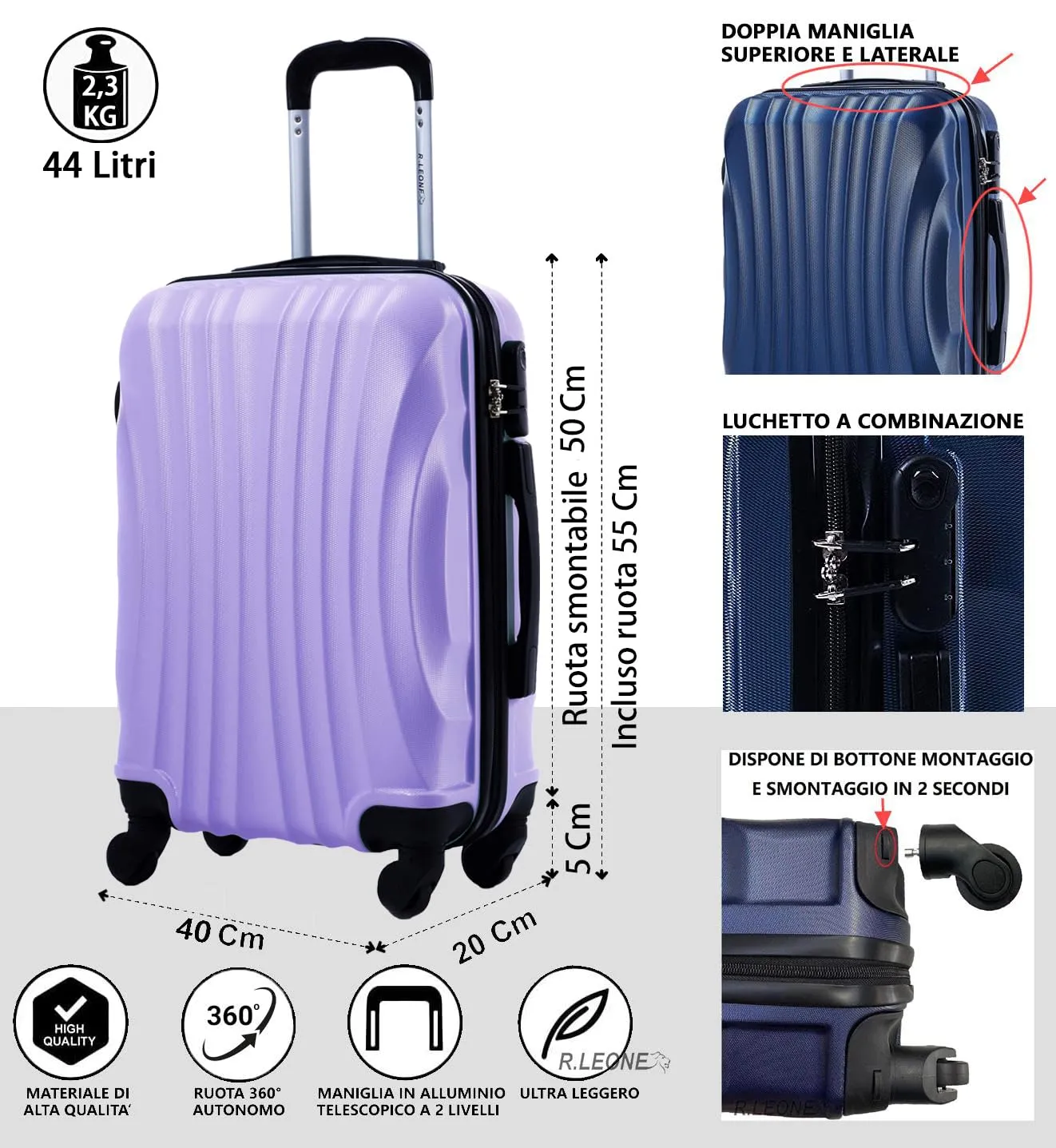 R.Leone Ryanair 55x40x20 cm Valigia Trolley Bagaglio a mano 4 Ruote rimovibile Ultraleggero in ABS Autonomo 20373N (Lilla, Valigia 55X40X20cm) - immagine 2