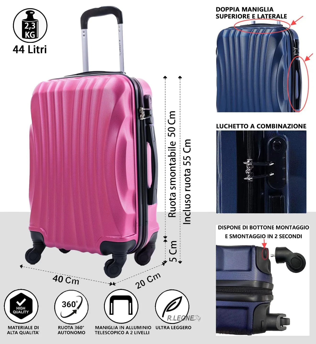R.Leone Ryanair 55x40x20 cm Valigia Trolley Bagaglio a mano 4 Ruote rimovibile Ultraleggero in ABS Autonomo 20373N (Rosa Chiaro, Valigia 55X40X20cm) - immagine 2