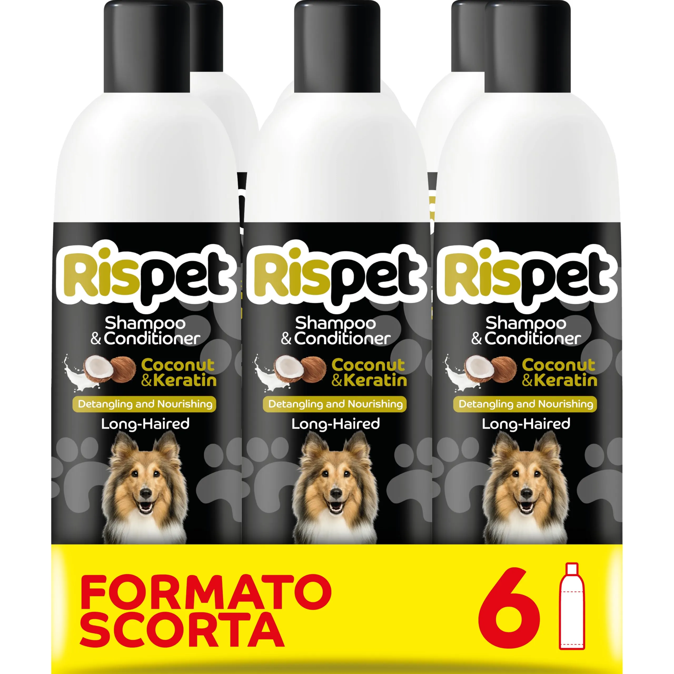RISPET Shampoo e Balsamo Cocco e Cheratina, Detergente e Igienizzante per Cani e Animali a Pelo Lungo, Formula Delicata Senza Allergeni e pH Bilanciato, Profumazione al Cocco, 6x370ml - immagine 1