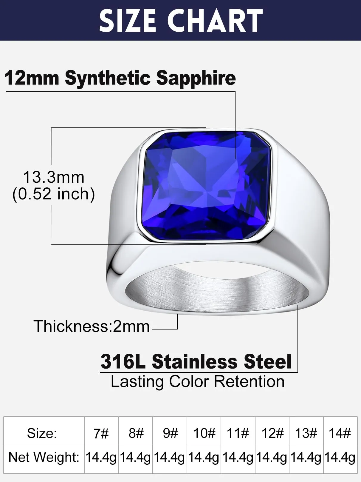 Bandmax Anello Uomo Donna in Acciaio Inossidabile, Anello Argento Uomo con Pietra Zaffiro, Anello Misura 17 Circonferenza 57mm, Confezione Regalo - immagine 4