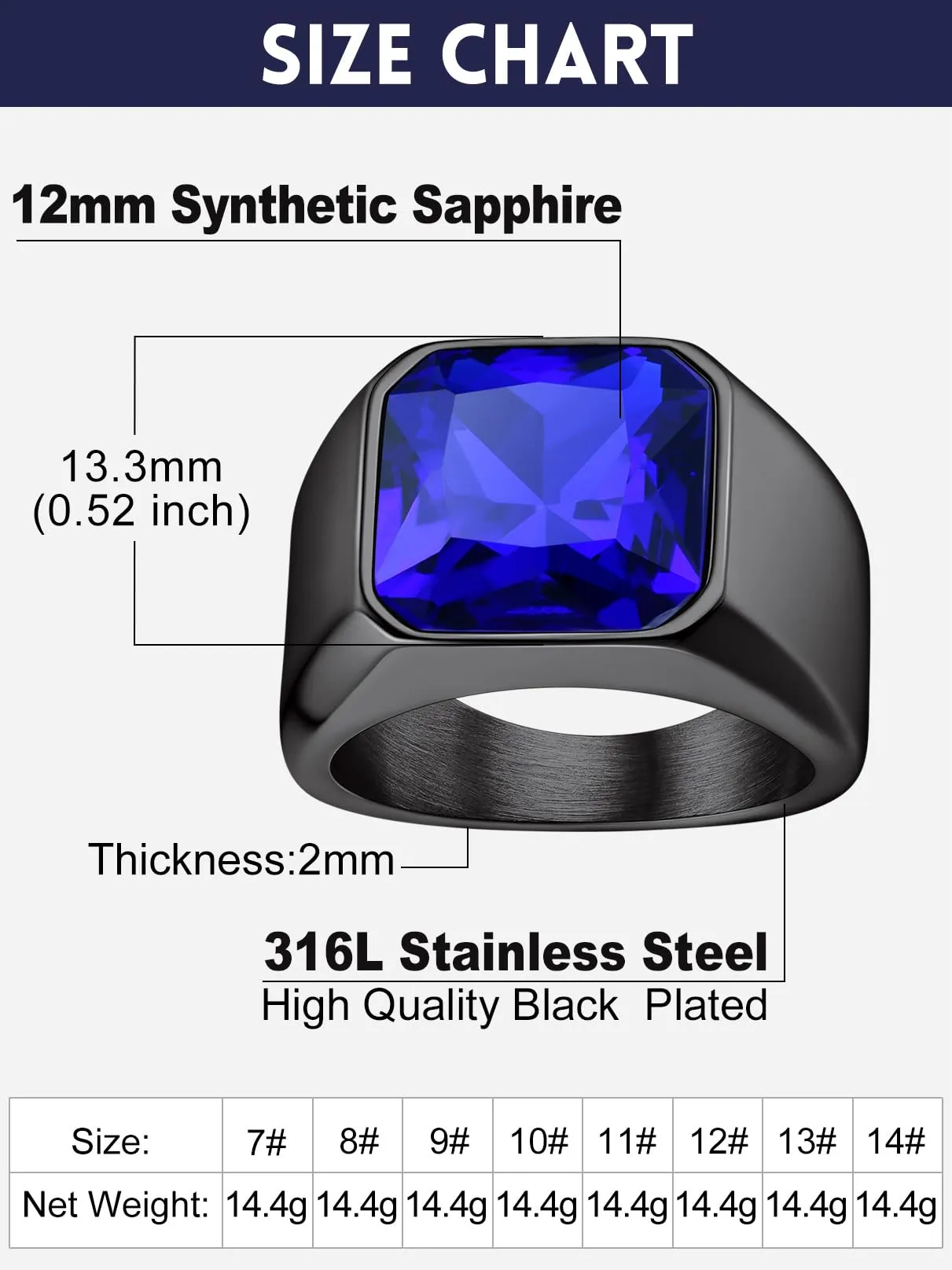 Bandmax Anello Uomo Donna in Acciaio Inossidabile, Anello Nero Uomo con Pietra Zaffiro, Anello Misura 32.5 Circonferenza 72.3mm, Confezione Regalo - immagine 4
