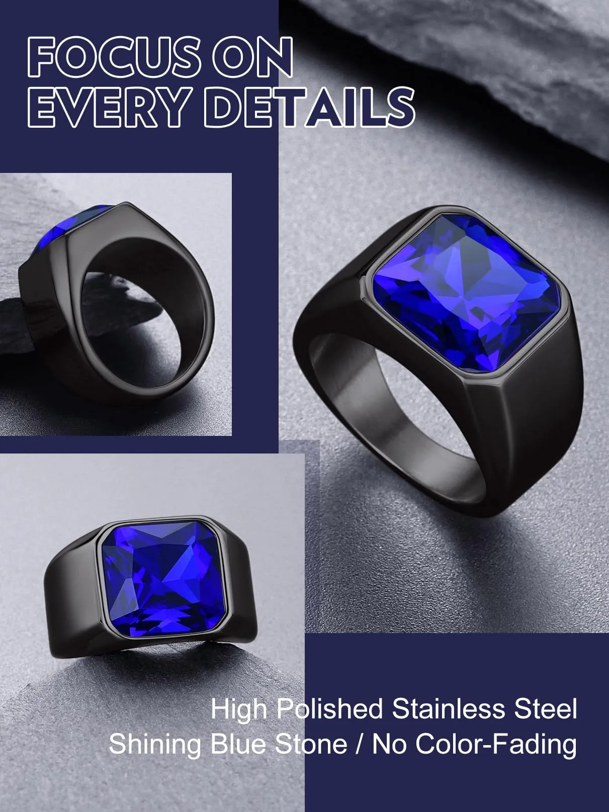 Bandmax Anello Uomo Donna in Acciaio Inossidabile, Anello Nero Uomo con Pietra Zaffiro, Anello Misura 32.5 Circonferenza 72.3mm, Confezione Regalo - immagine 6