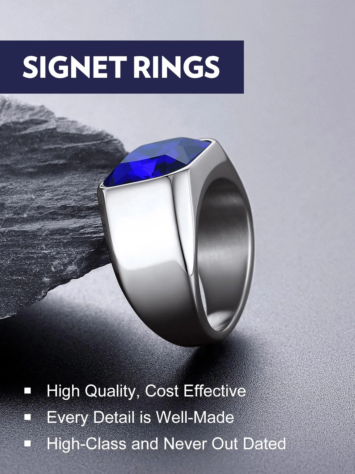 Bandmax Anello Uomo Donna in Acciaio Inossidabile, Anello Argento Uomo con Pietra Zaffiro, Anello Misura 25 Circonferenza 64.6mm, Confezione Regalo - immagine 5