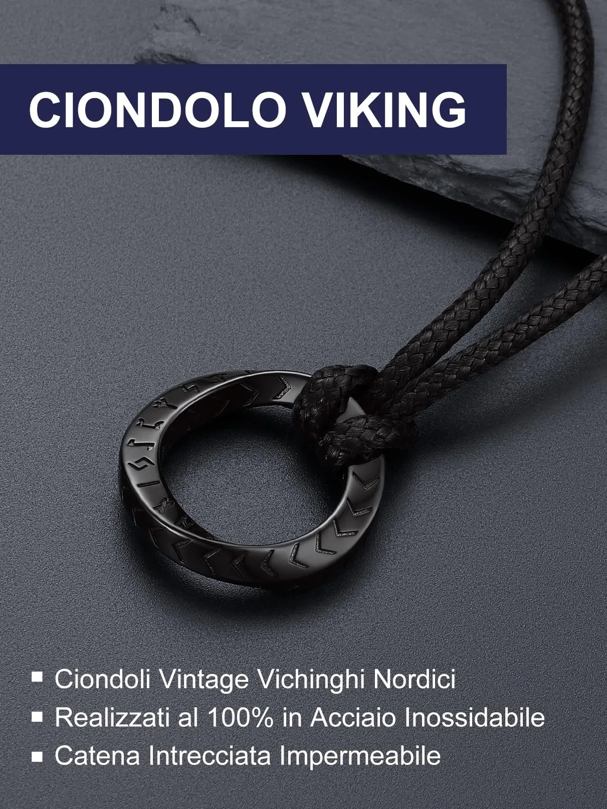 Bandmax Collana Uomo Runa Vichinga in Acciaio Inossidabile/Nero, Ciondolo runico Mobius Rotondo con Catena in Pelle Intrecciata Nera Amuleto Gioielli Vichinghi per Donna e Uomo - immagine 5