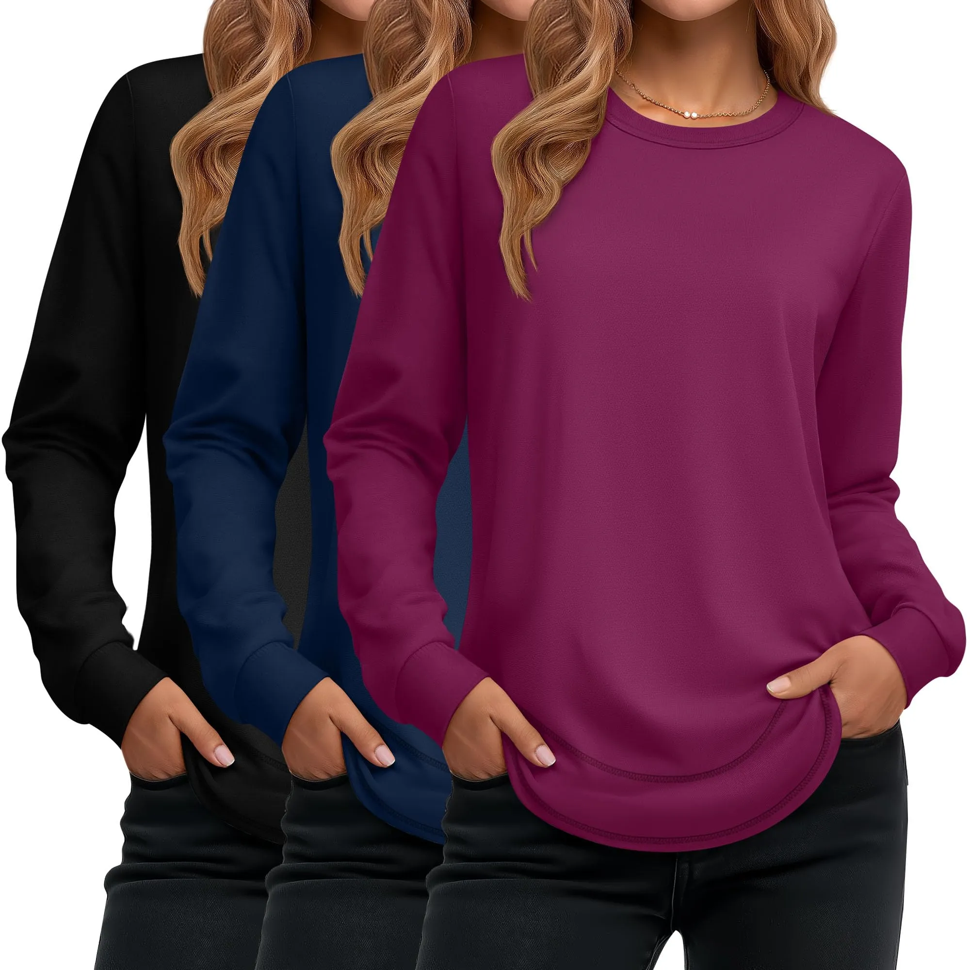 Ficerd Confezione da 3 Magliette Donna a Maniche Lunghe, Tunica Girocollo Cotone, vestibilità Ampia e Casual, Orlo Curvo(Nero, Blu Scuro, Fucsia,XL) - immagine 1