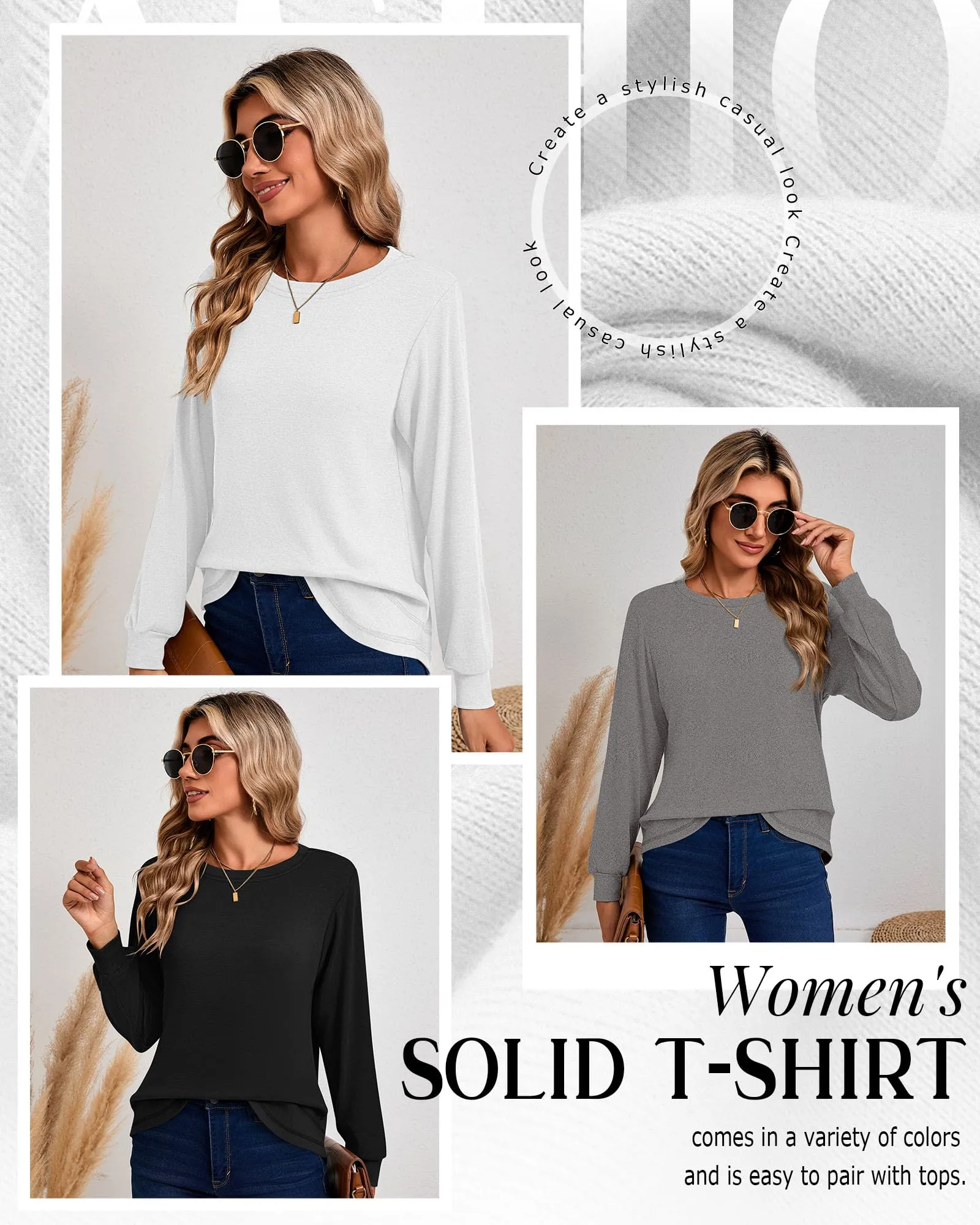 Ficerd Confezione da 3 Magliette Donna a Maniche Lunghe, Tunica Girocollo Cotone, vestibilità Ampia e Casual, Orlo Curvo(Nero, Grigio Erica, Bianco,M) - immagine 2
