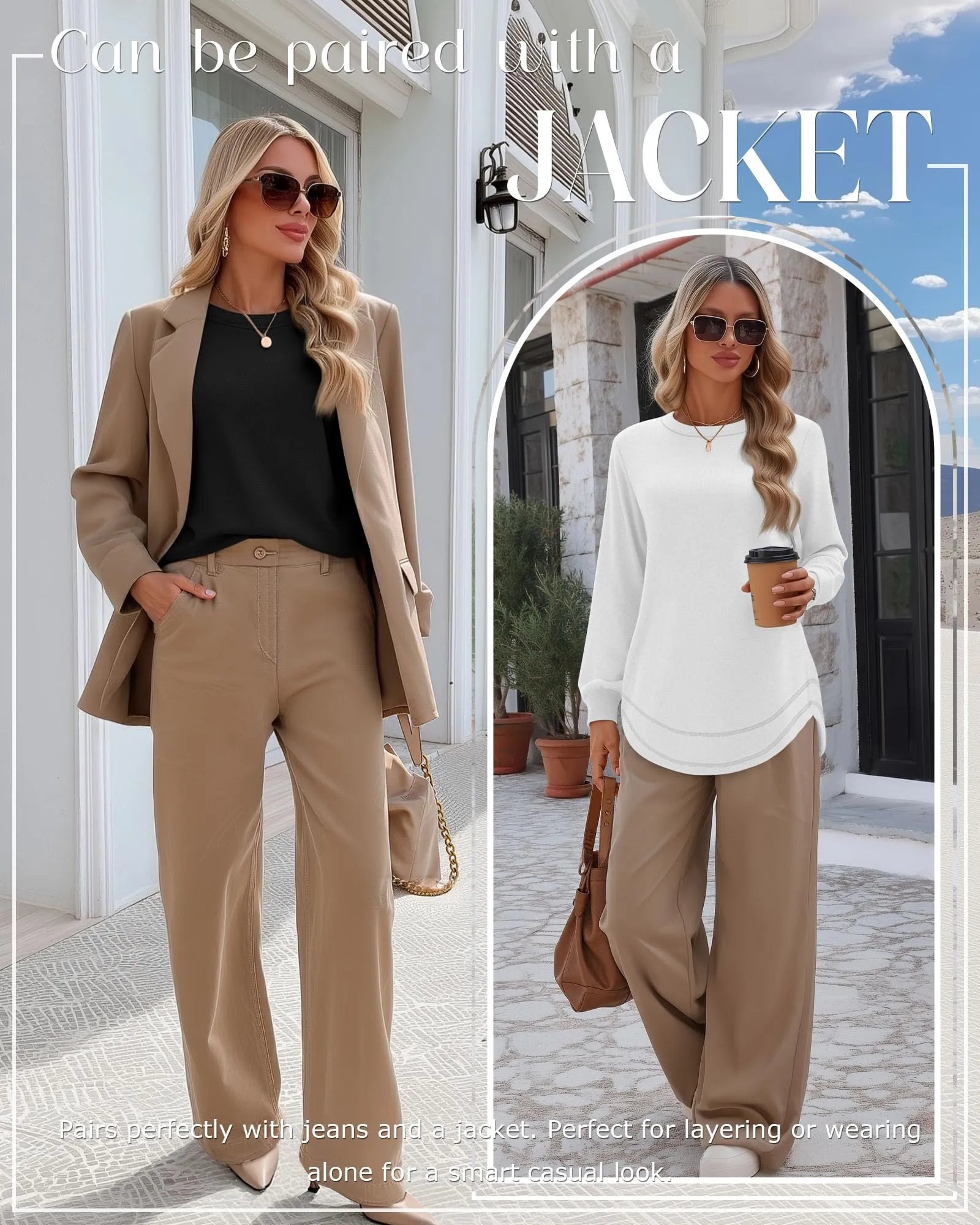Ficerd Confezione da 3 Magliette Donna a Maniche Lunghe, Tunica Girocollo Cotone, vestibilità Ampia e Casual, Orlo Curvo(Nero, Grigio Erica, Bianco,M) - immagine 4