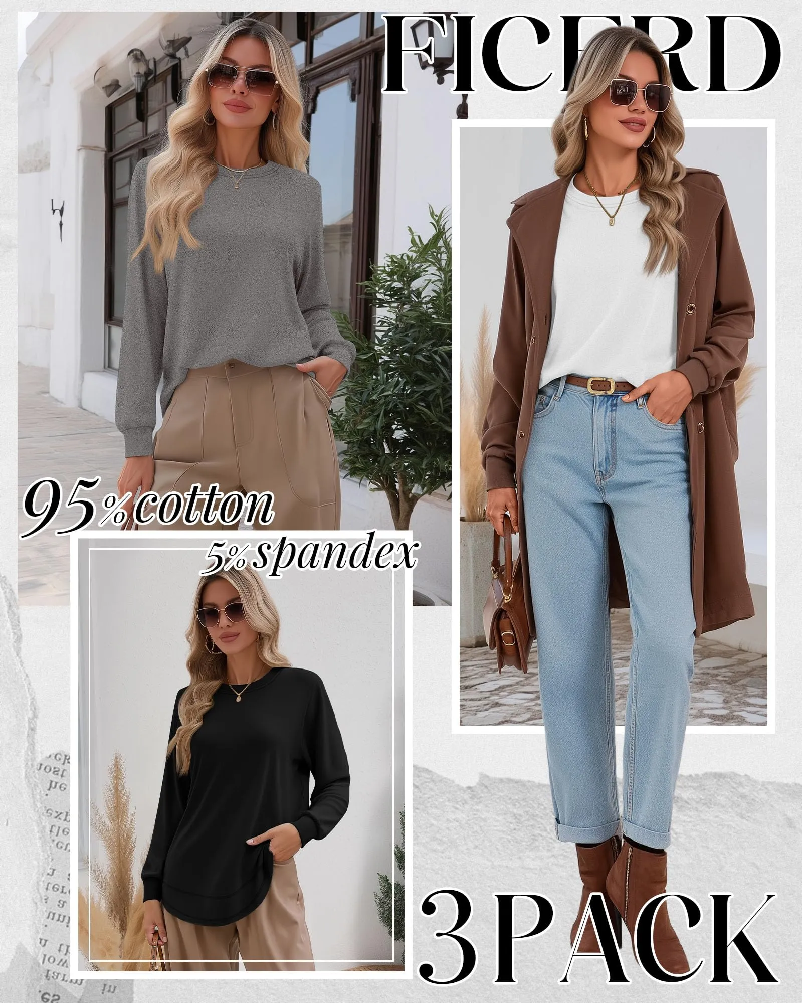 Ficerd Confezione da 3 Magliette Donna a Maniche Lunghe, Tunica Girocollo Cotone, vestibilità Ampia e Casual, Orlo Curvo(Nero, Grigio Erica, Bianco,S) - immagine 3