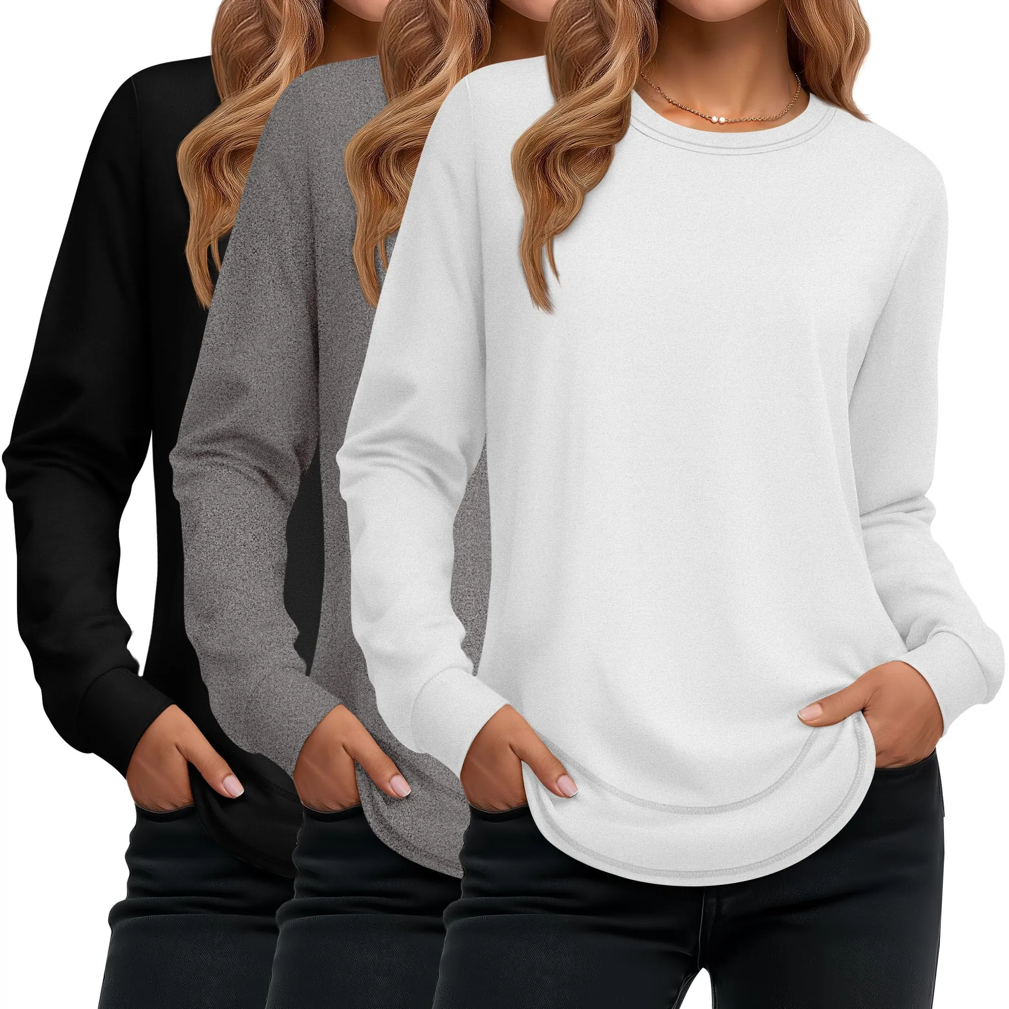 Ficerd Confezione da 3 Magliette Donna a Maniche Lunghe, Tunica Girocollo Cotone, vestibilità Ampia e Casual, Orlo Curvo(Nero, Grigio Erica, Bianco,XL) - immagine 1