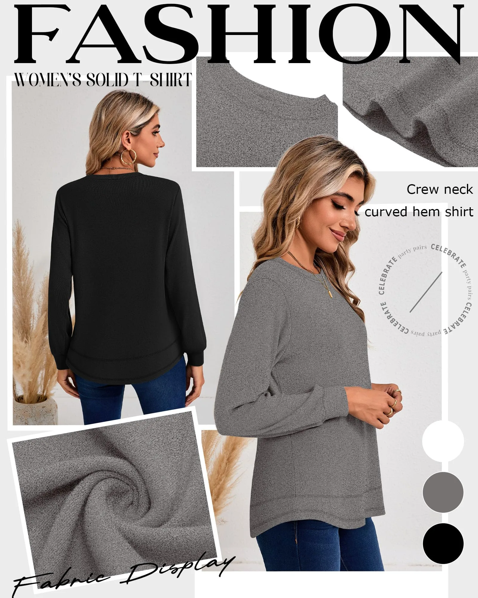 Ficerd Confezione da 3 Magliette Donna a Maniche Lunghe, Tunica Girocollo Cotone, vestibilità Ampia e Casual, Orlo Curvo(Nero, Grigio Erica, Bianco,XL) - immagine 5