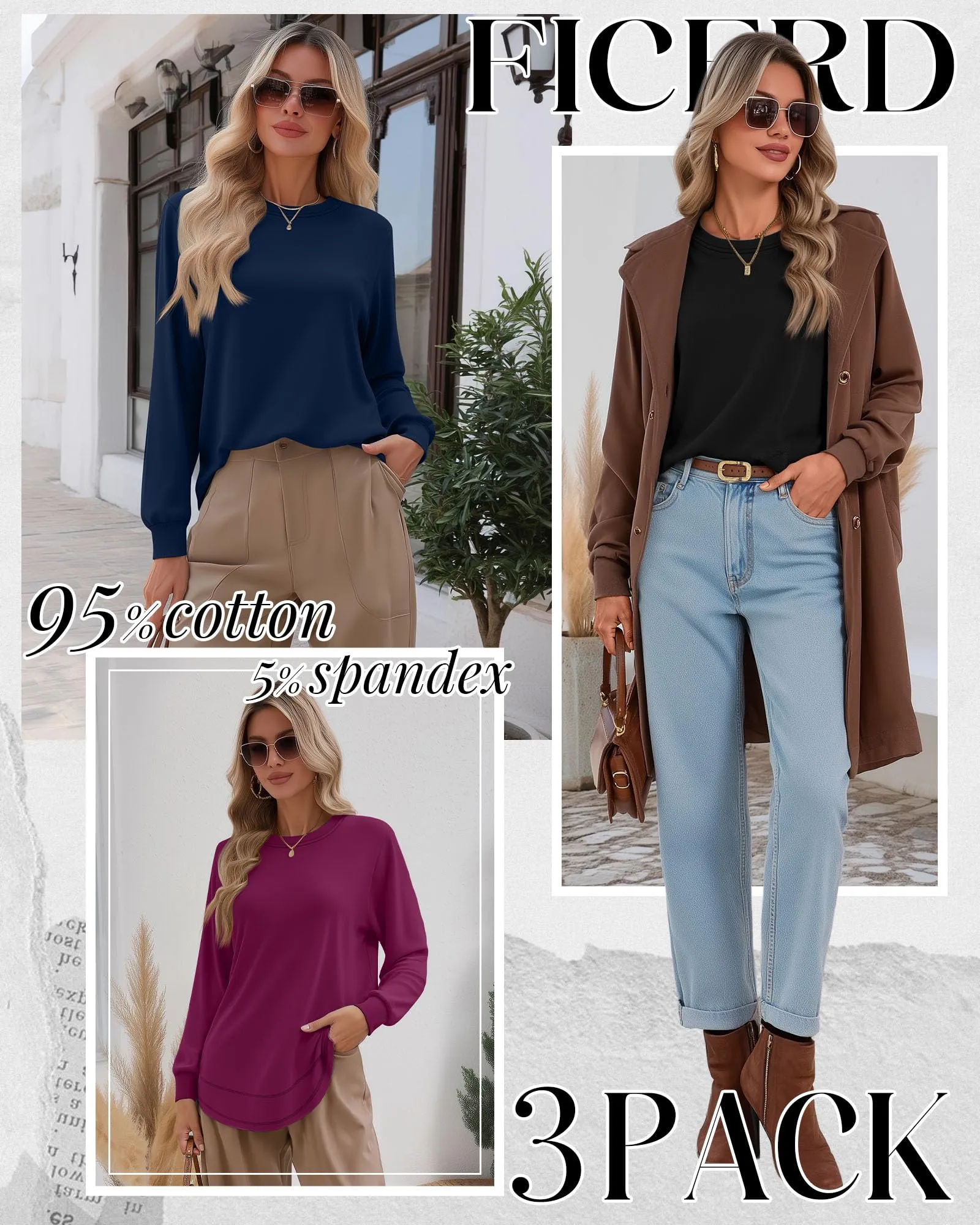 Ficerd Confezione da 3 Magliette Donna a Maniche Lunghe, Tunica Girocollo Cotone, vestibilità Ampia e Casual, Orlo Curvo(Nero, Blu Scuro, Fucsia,M) - immagine 2