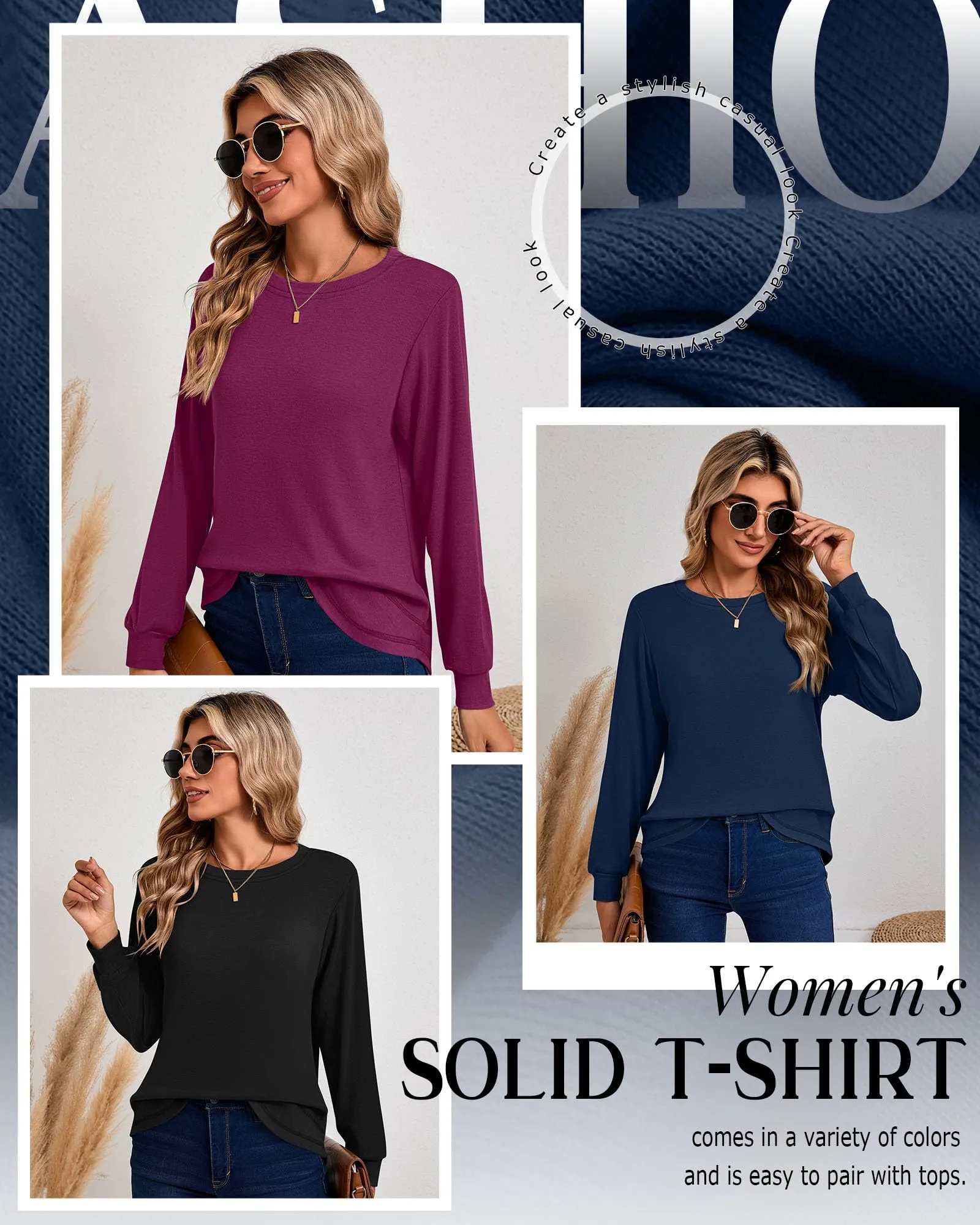 Ficerd Confezione da 3 Magliette Donna a Maniche Lunghe, Tunica Girocollo Cotone, vestibilità Ampia e Casual, Orlo Curvo(Nero, Blu Scuro, Fucsia,M) - immagine 5