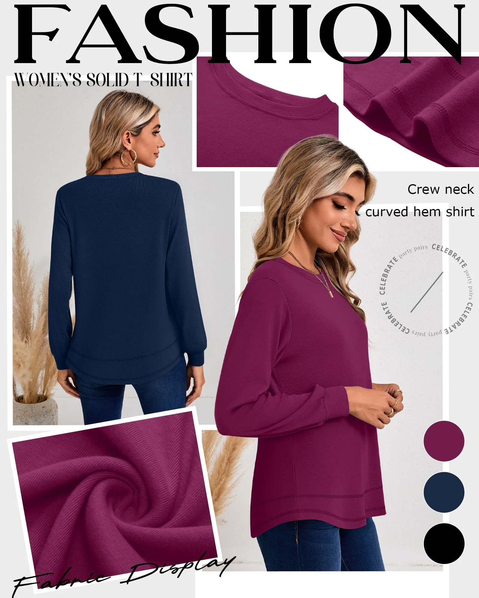 Ficerd Confezione da 3 Magliette Donna a Maniche Lunghe, Tunica Girocollo Cotone, vestibilità Ampia e Casual, Orlo Curvo(Nero, Blu Scuro, Fucsia,S) - immagine 4