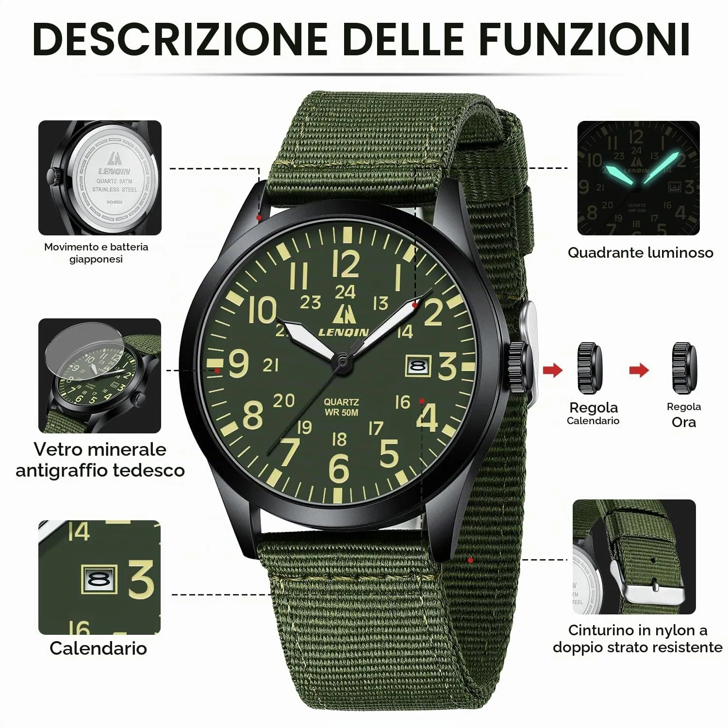LN LENQIN Orologio Uomo Militare Analogico Quarzo Nylon Datario 3ATM - immagine 7