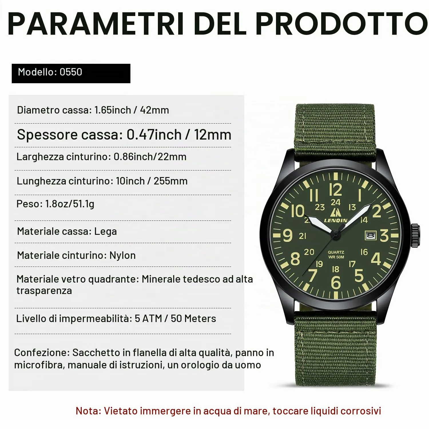 LN LENQIN Orologio Uomo Militare Analogico Quarzo Nylon Datario 3ATM - immagine 8