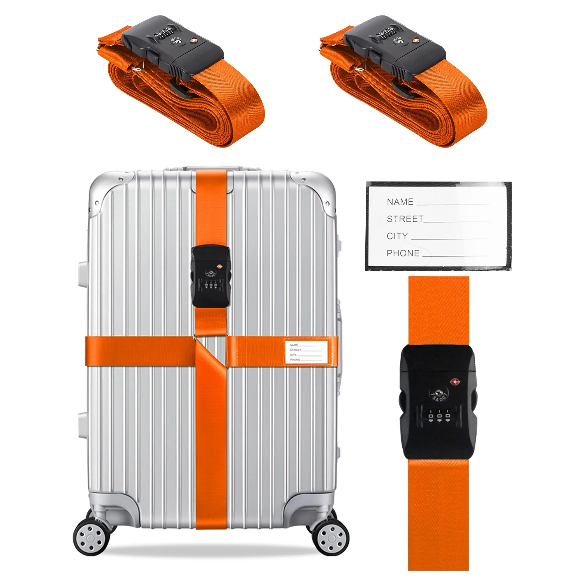 Veki Cinghia per Valigia e Lucchetto TSA, Cinghie Valigie, 2pz Arancione - immagine 1