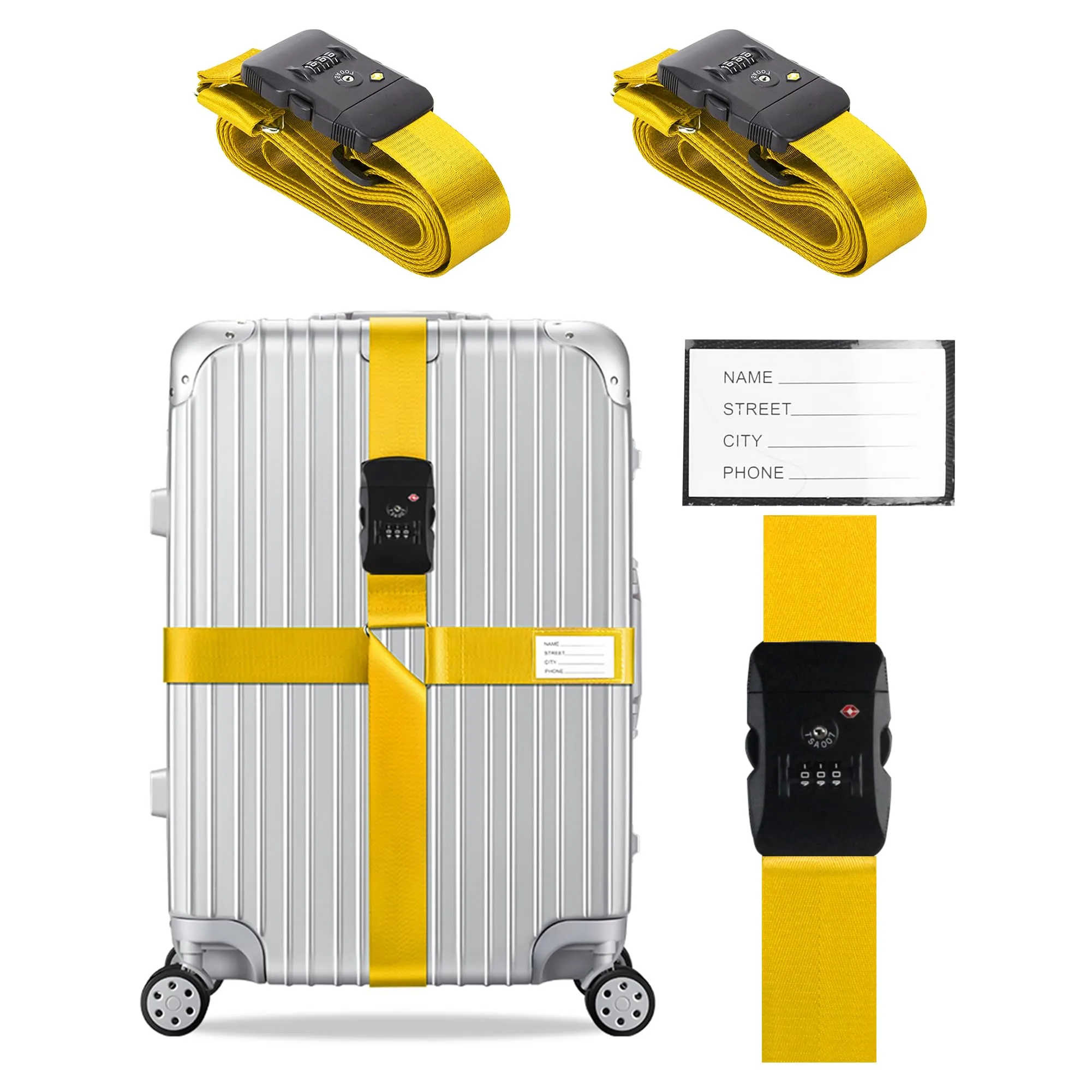Veki Cinghia per Valigia e Lucchetto TSA, Cinghie Valigie, 2pz Giallo - immagine 1