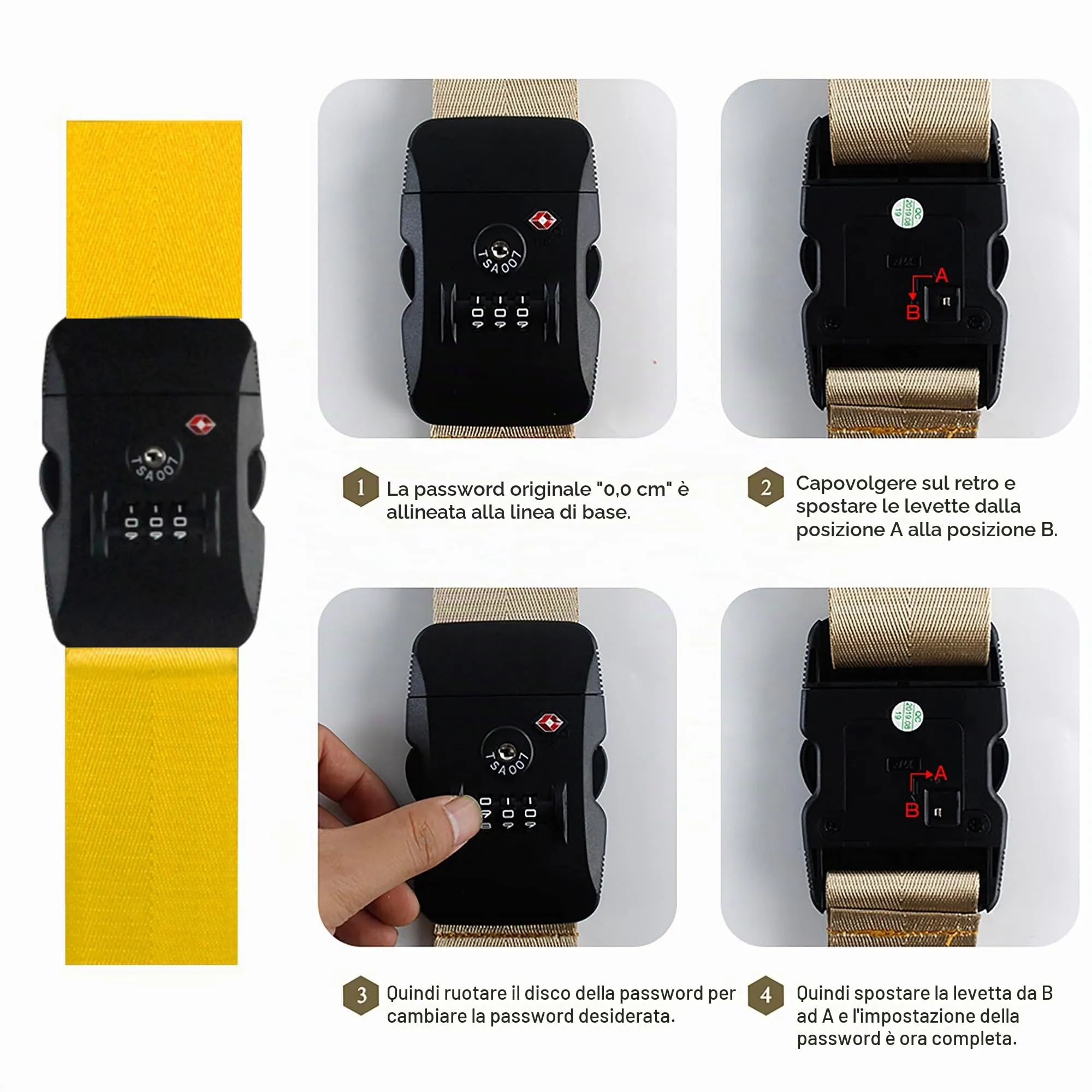 Veki Cinghia per Valigia e Lucchetto TSA, Cinghie Valigie, 2pz Giallo - immagine 4
