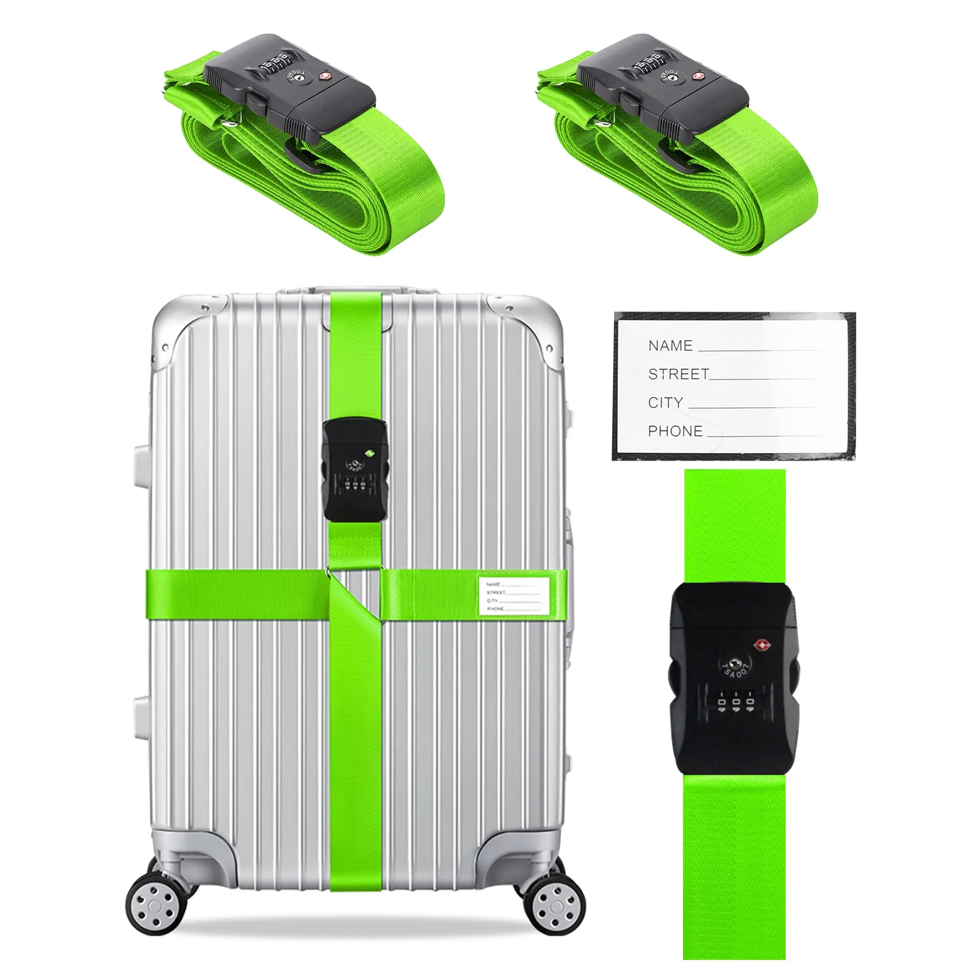 Veki Cinghia per Valigia e Lucchetto TSA, Cinghie Valigie, 2pz Verde - immagine 1