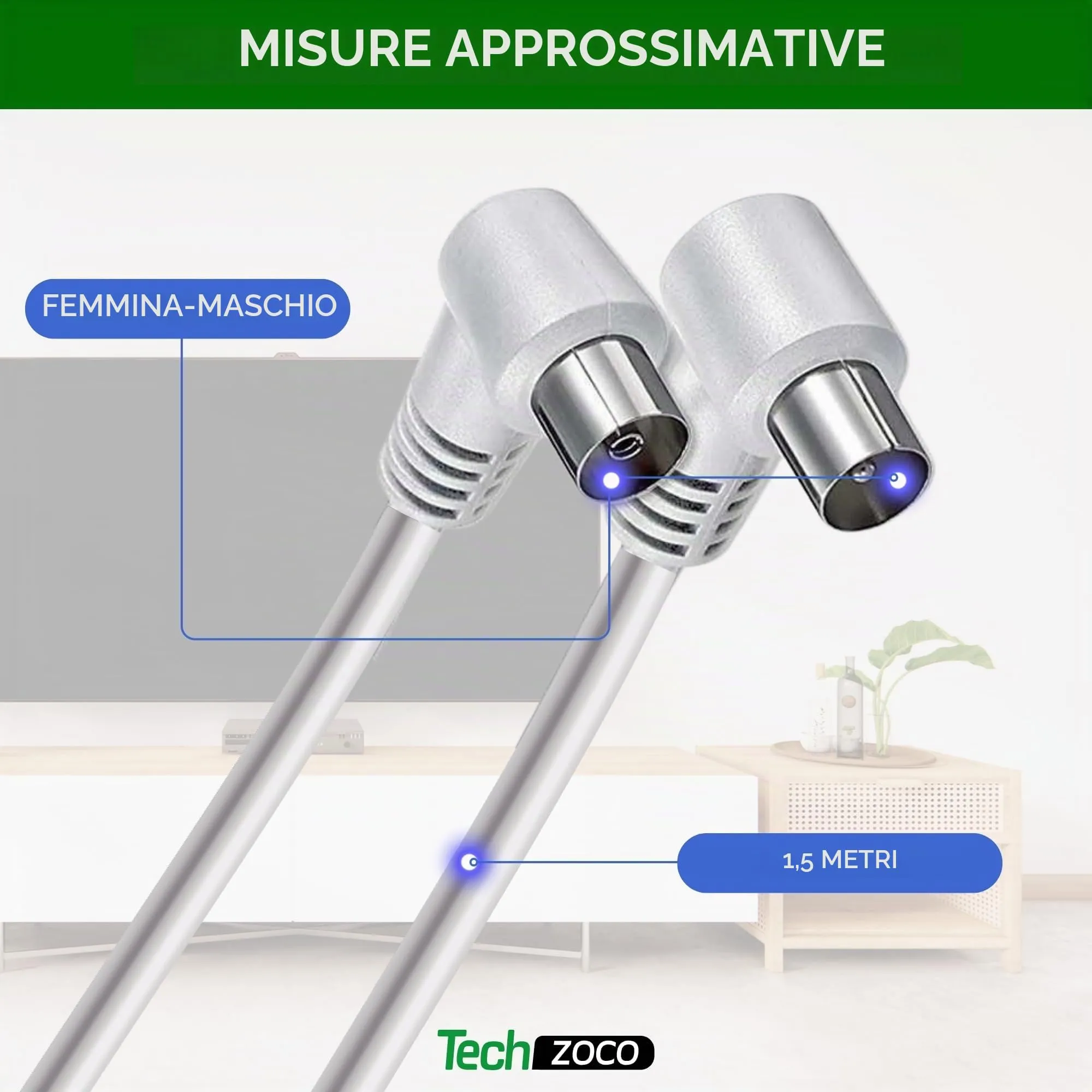 TECHZOCO Cavo antenna TV maschio femmina, coassiale 90°, per TV e decoder, 70dB, HDTV, DVB-T2/C/S, 75 Ohm, bianco, 1,5 m - immagine 3