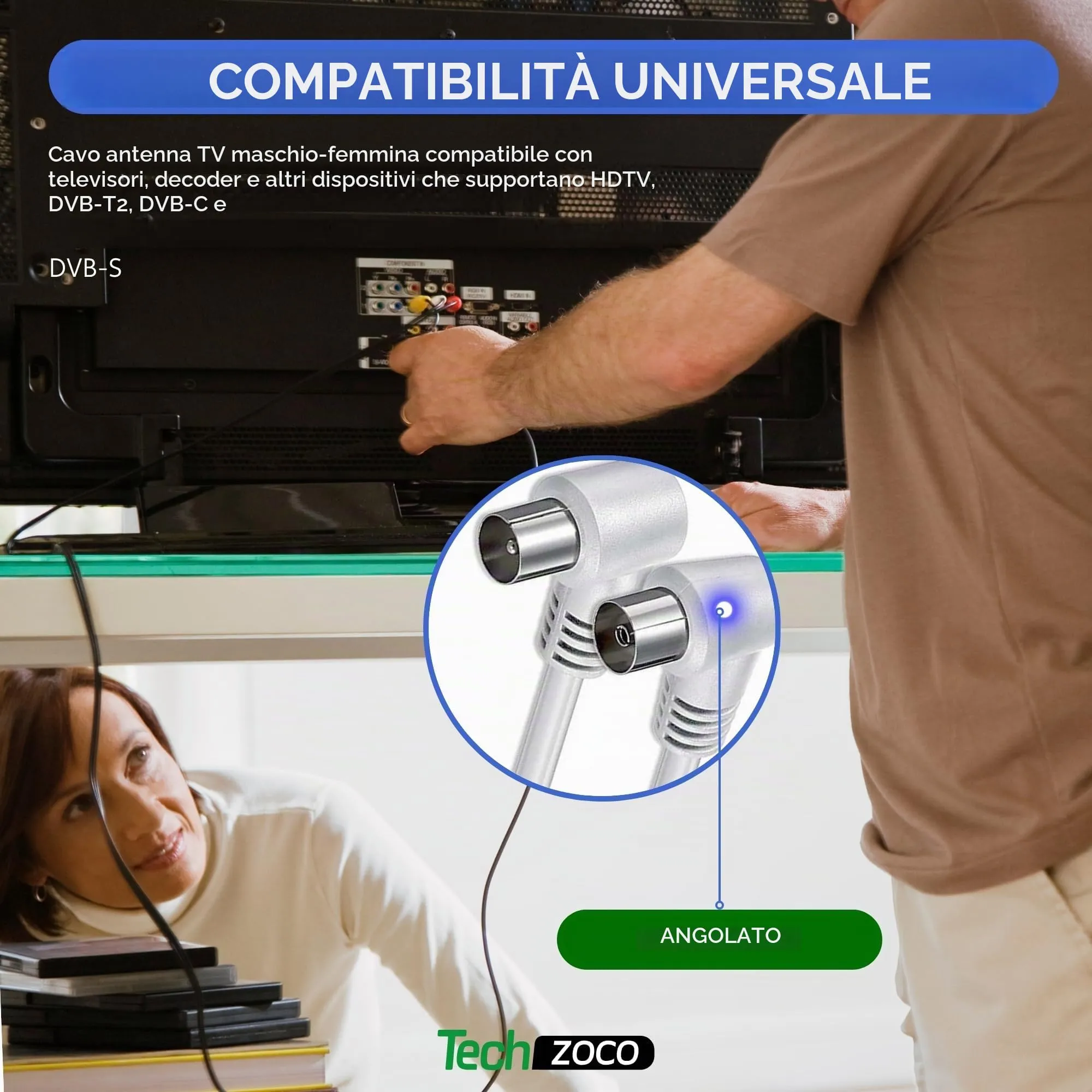 TECHZOCO Cavo antenna TV maschio femmina, coassiale 90°, per TV e decoder, 70dB, HDTV, DVB-T2/C/S, 75 Ohm, bianco, 1,5 m - immagine 5