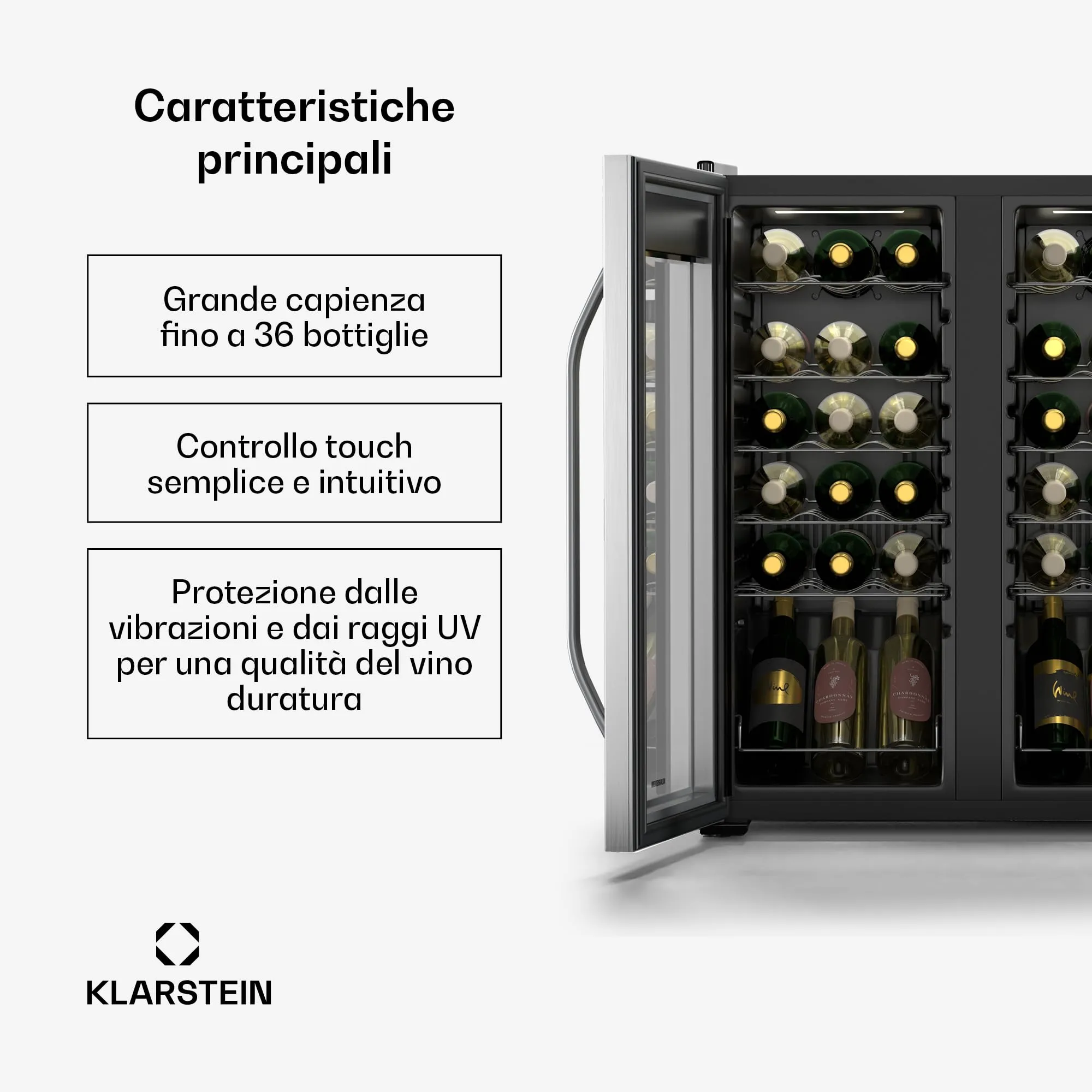 KLARSTEIN Vinamour - Frigorifero per Vino a 2 Zone - 36 Bottiglie, 5-18°C, Touch Control, Illuminazione LED, a Libera Installazione, Protezione UV, Doppio Sportello in Acciaio Inox - immagine 2