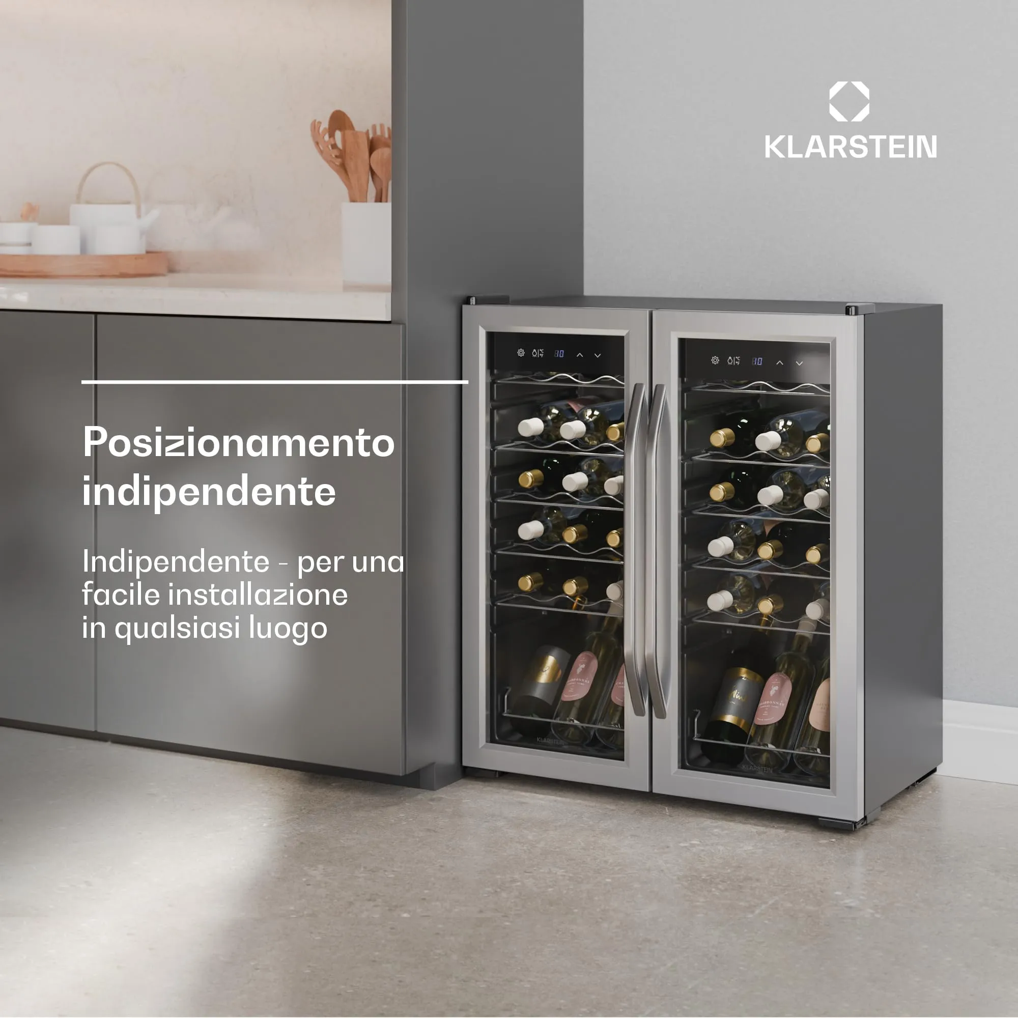 KLARSTEIN Vinamour - Frigorifero per Vino a 2 Zone - 36 Bottiglie, 5-18°C, Touch Control, Illuminazione LED, a Libera Installazione, Protezione UV, Doppio Sportello in Acciaio Inox - immagine 3