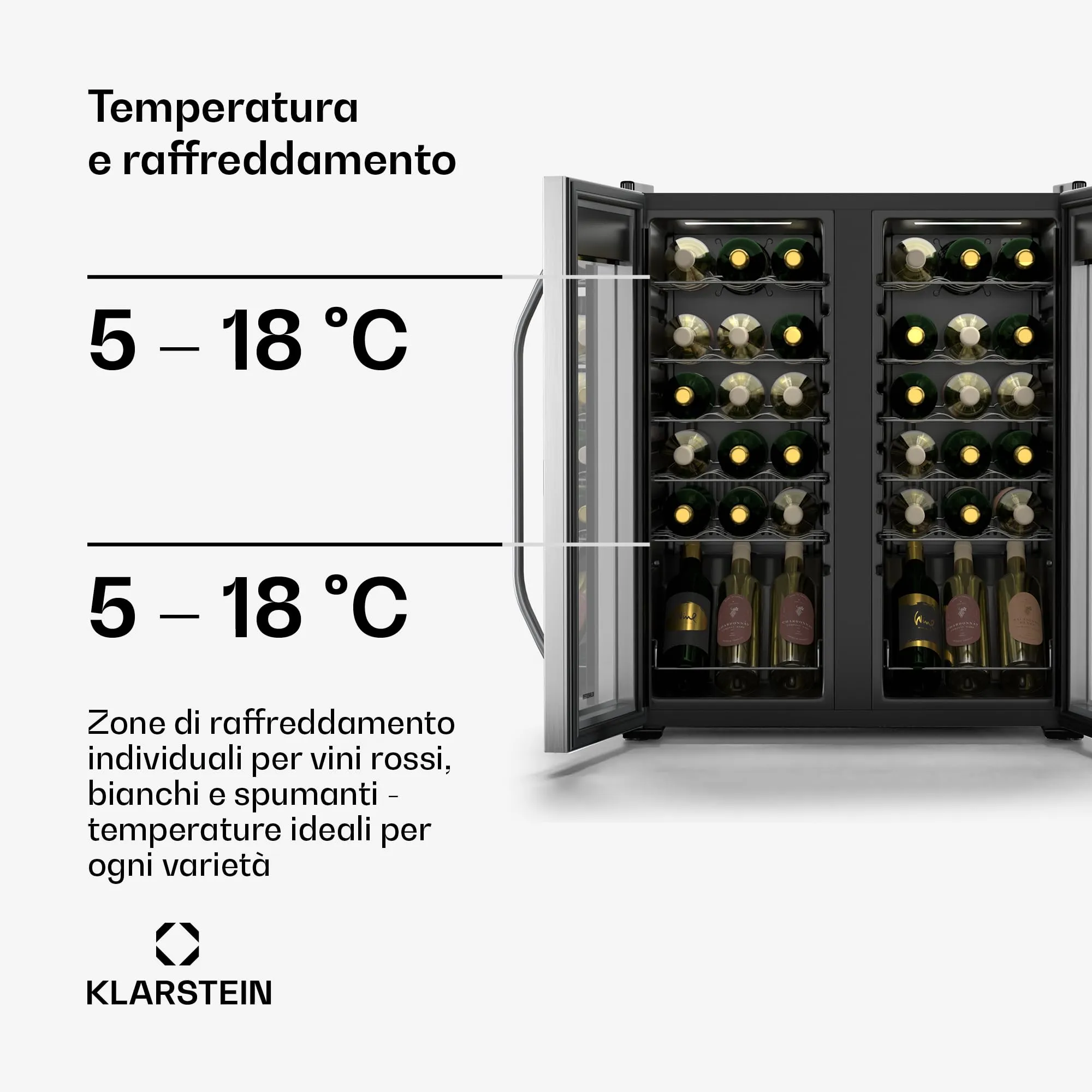 KLARSTEIN Vinamour - Frigorifero per Vino a 2 Zone - 36 Bottiglie, 5-18°C, Touch Control, Illuminazione LED, a Libera Installazione, Protezione UV, Doppio Sportello in Acciaio Inox - immagine 4