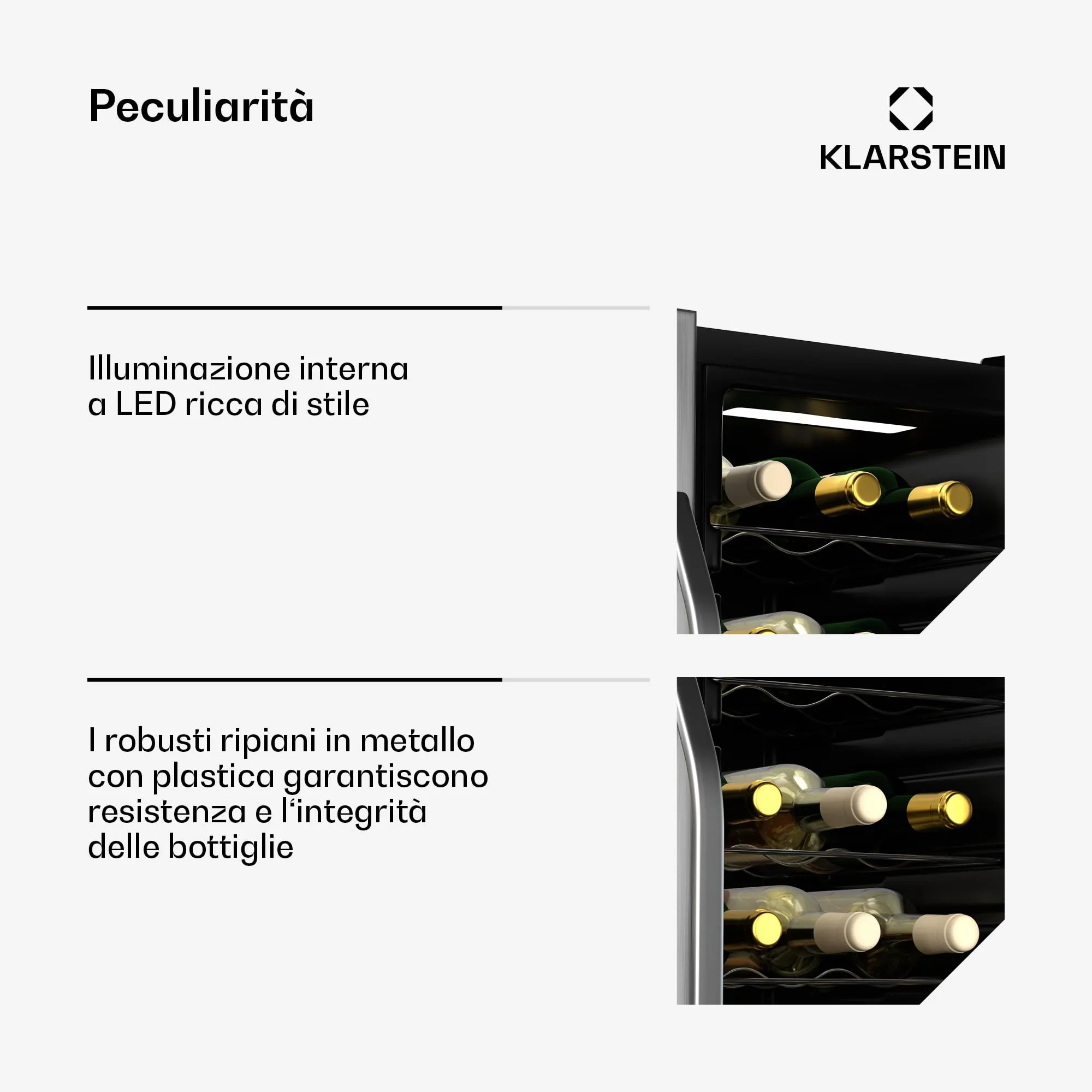 KLARSTEIN Vinamour - Frigorifero per Vino a 2 Zone - 36 Bottiglie, 5-18°C, Touch Control, Illuminazione LED, a Libera Installazione, Protezione UV, Doppio Sportello in Acciaio Inox - immagine 5