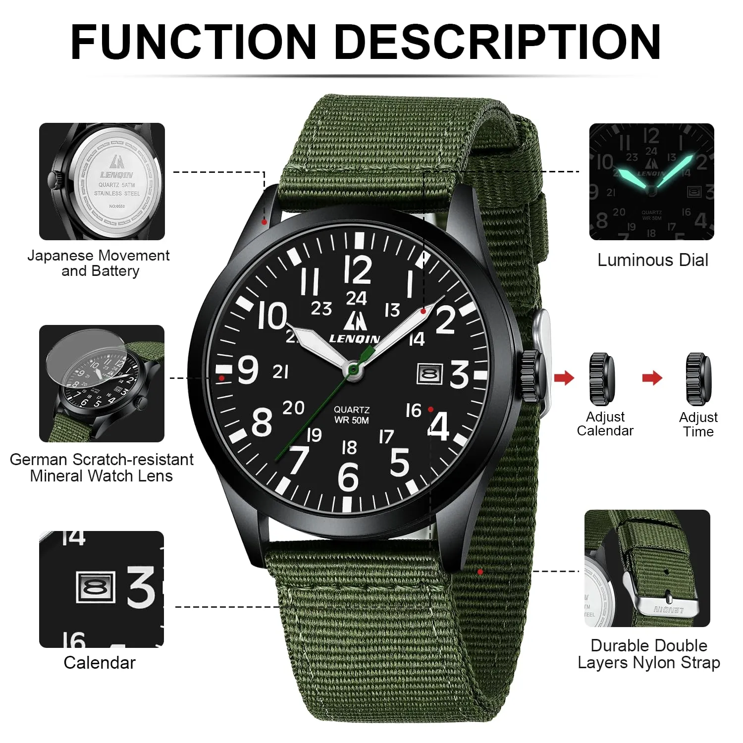LN LENQIN Orologio Uomo Militare Analogico Quarzo Nylon Datario 3ATM - immagine 4