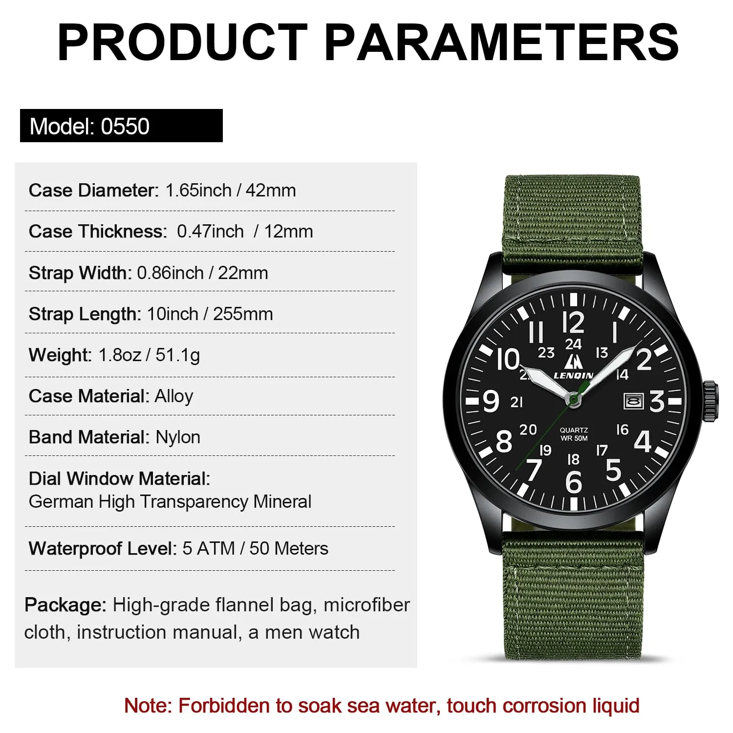LN LENQIN Orologio Uomo Militare Analogico Quarzo Nylon Datario 3ATM - immagine 5