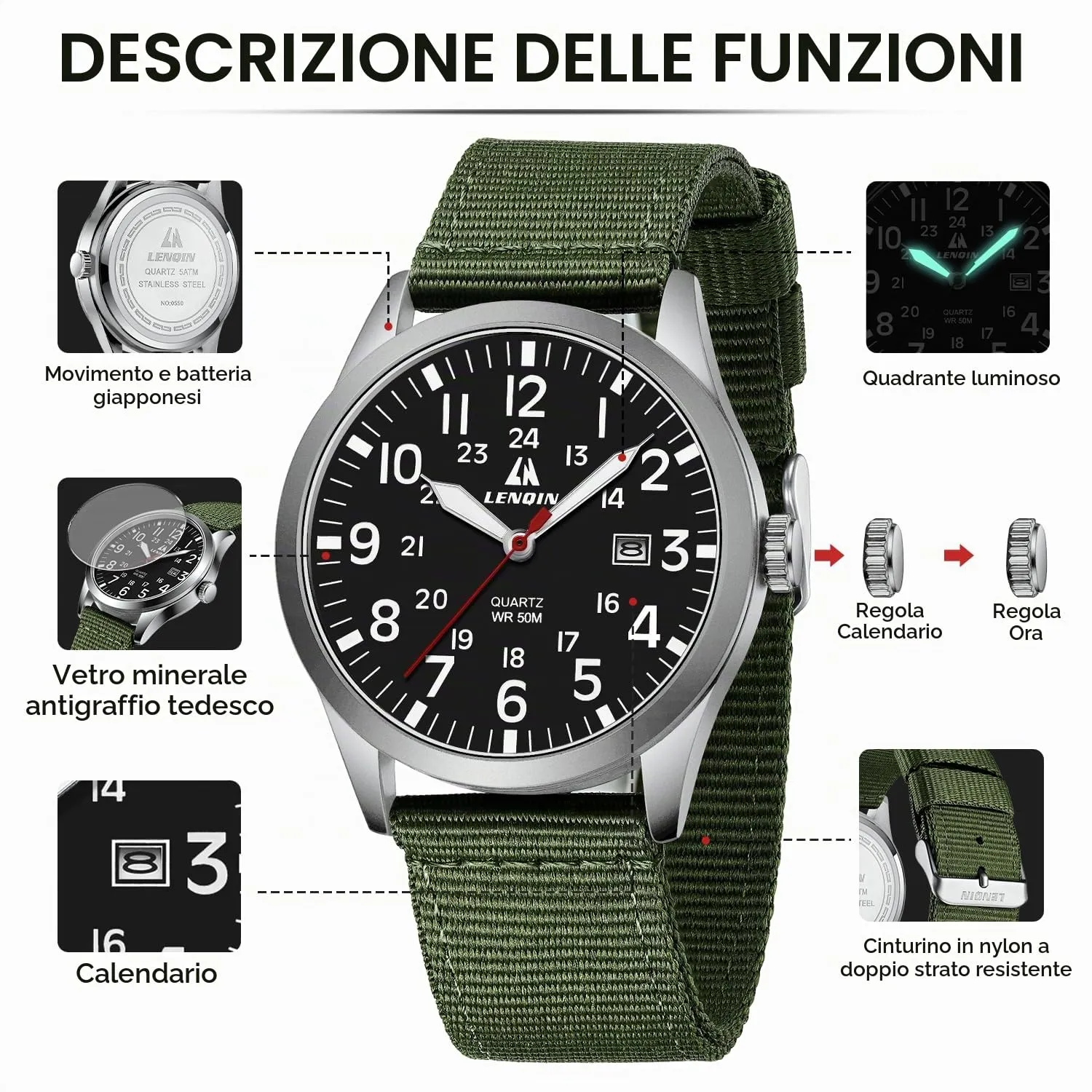 LN LENQIN Orologio Uomo Militare Analogico Quarzo Nylon Datario 3ATM - immagine 4