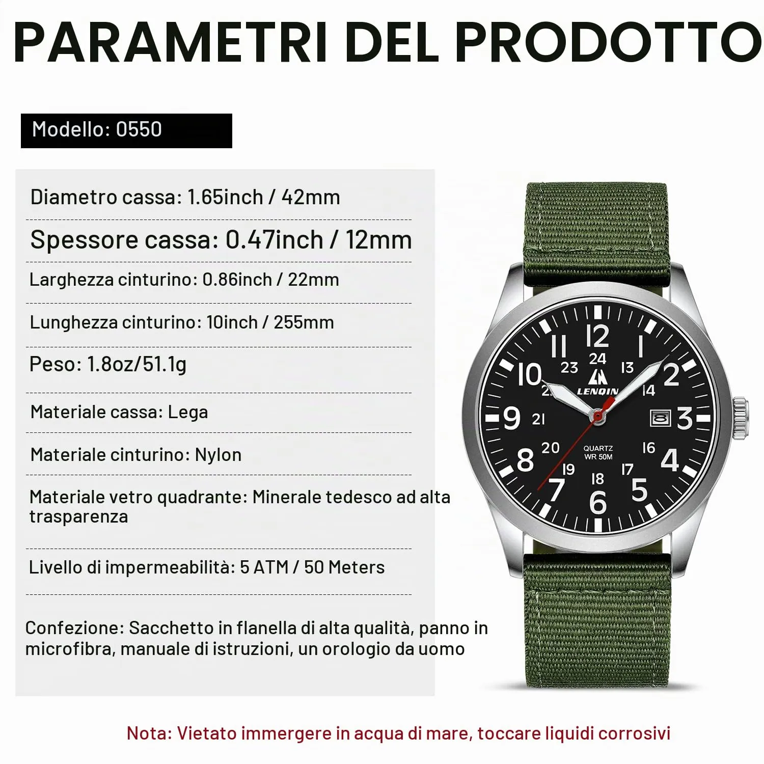 LN LENQIN Orologio Uomo Militare Analogico Quarzo Nylon Datario 3ATM - immagine 5