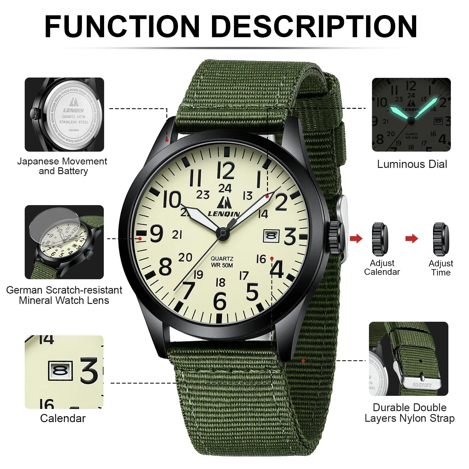 LN LENQIN Orologio Uomo Militare Analogico Quarzo Nylon Datario 3ATM - immagine 4