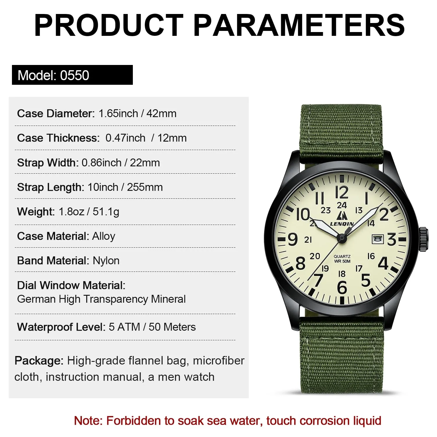 LN LENQIN Orologio Uomo Militare Analogico Quarzo Nylon Datario 3ATM - immagine 5
