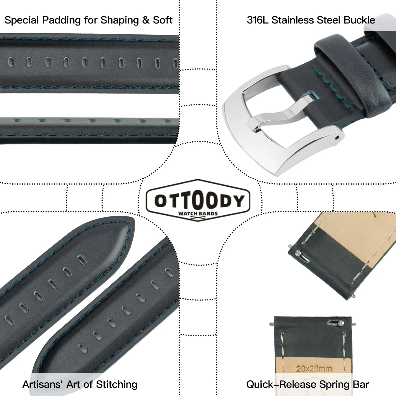 OTTOODY Cinturini Orologio in Pelle a Sgancio Rapido 18mm 19mm 20mm 21mm 22mm, Eleganti Cinturini per Orologi in Pelle a Grana Superiore Cinturino di Ricambio per Uomini Donne, Orologio e Smartwatch - immagine 4