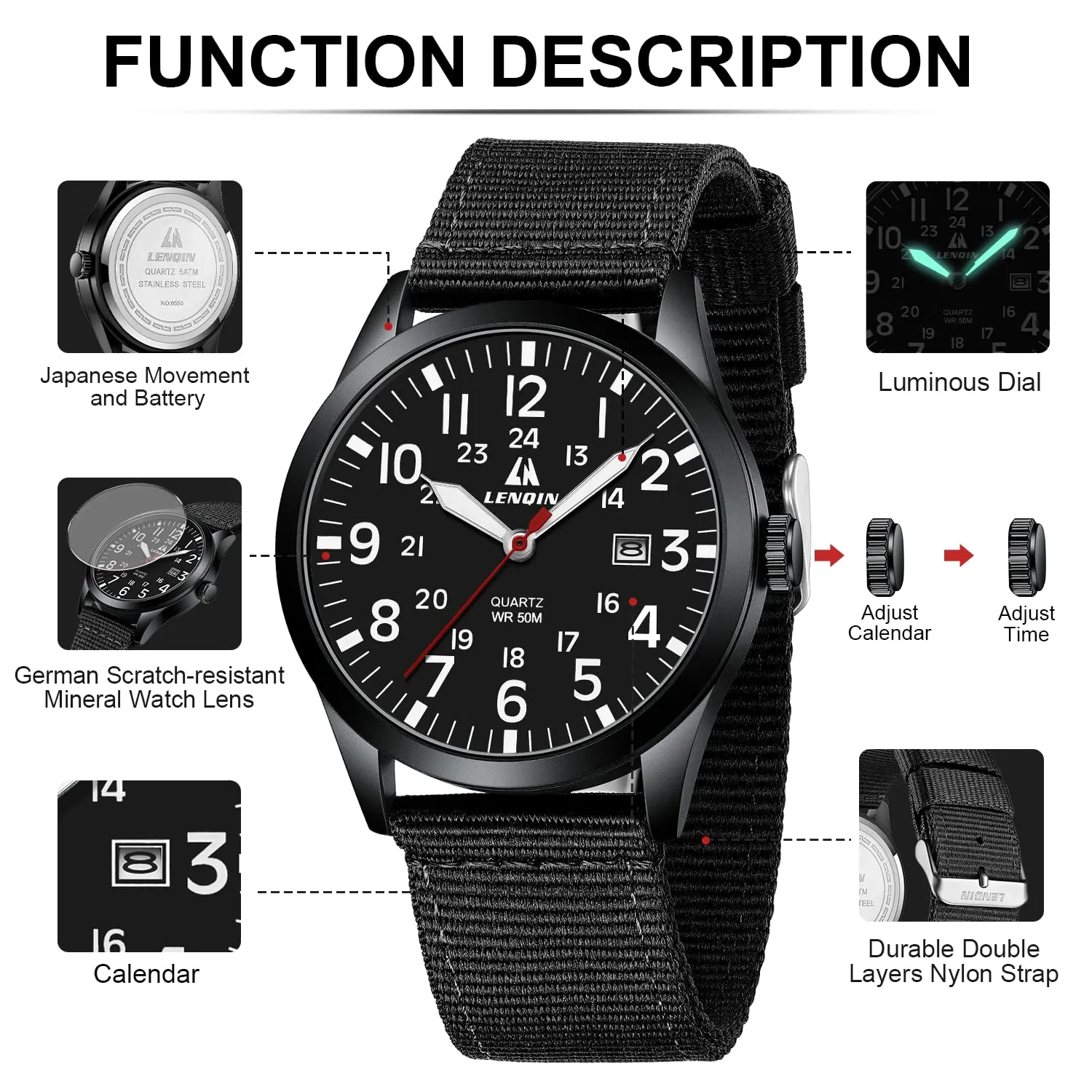 LN LENQIN Orologio Uomo Militare Analogico Quarzo Nylon Datario 3ATM - immagine 4