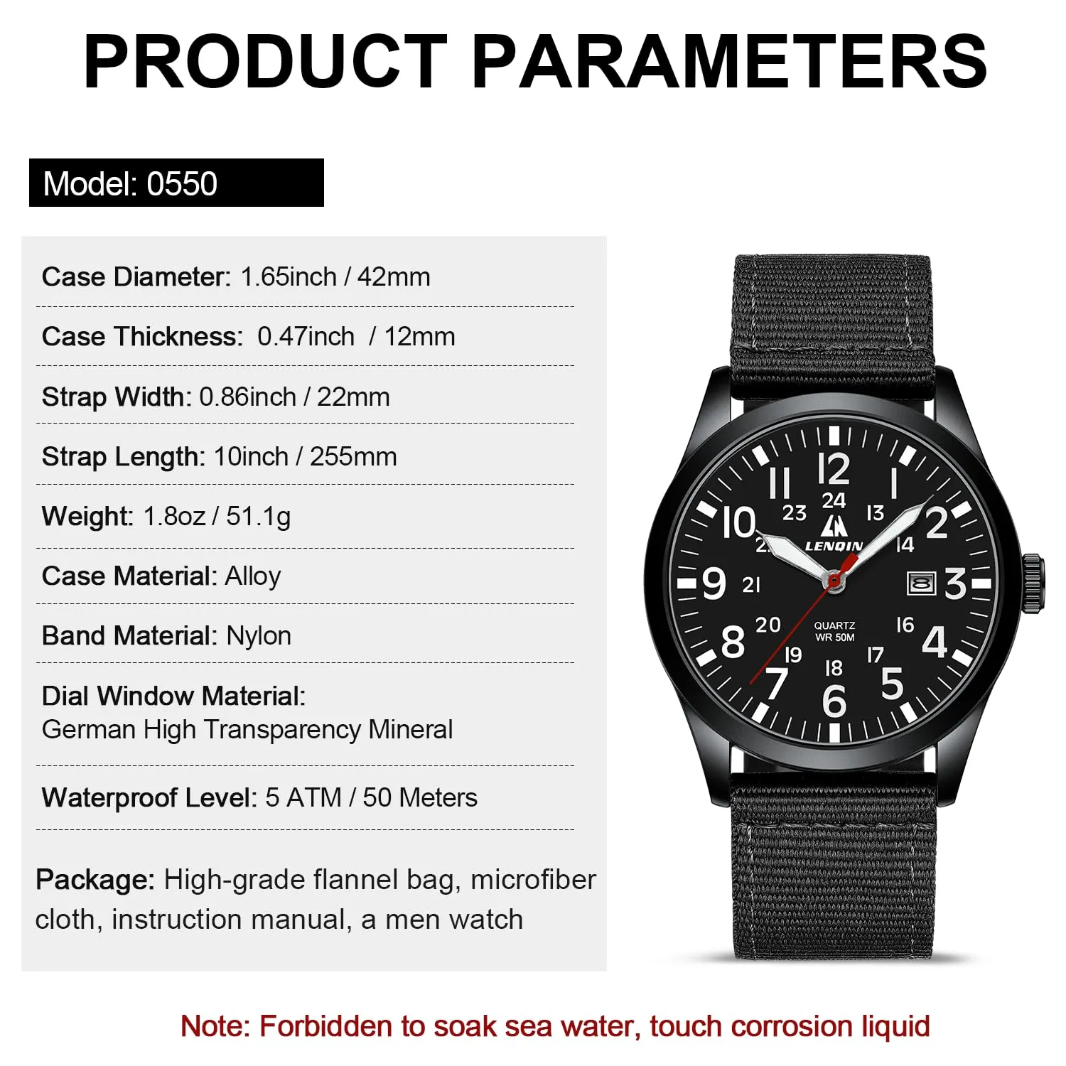 LN LENQIN Orologio Uomo Militare Analogico Quarzo Nylon Datario 3ATM - immagine 5