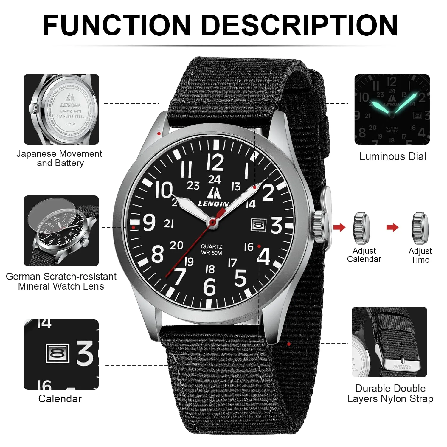 LN LENQIN Orologio Uomo Militare Analogico Quarzo Nylon Datario 3ATM - immagine 4