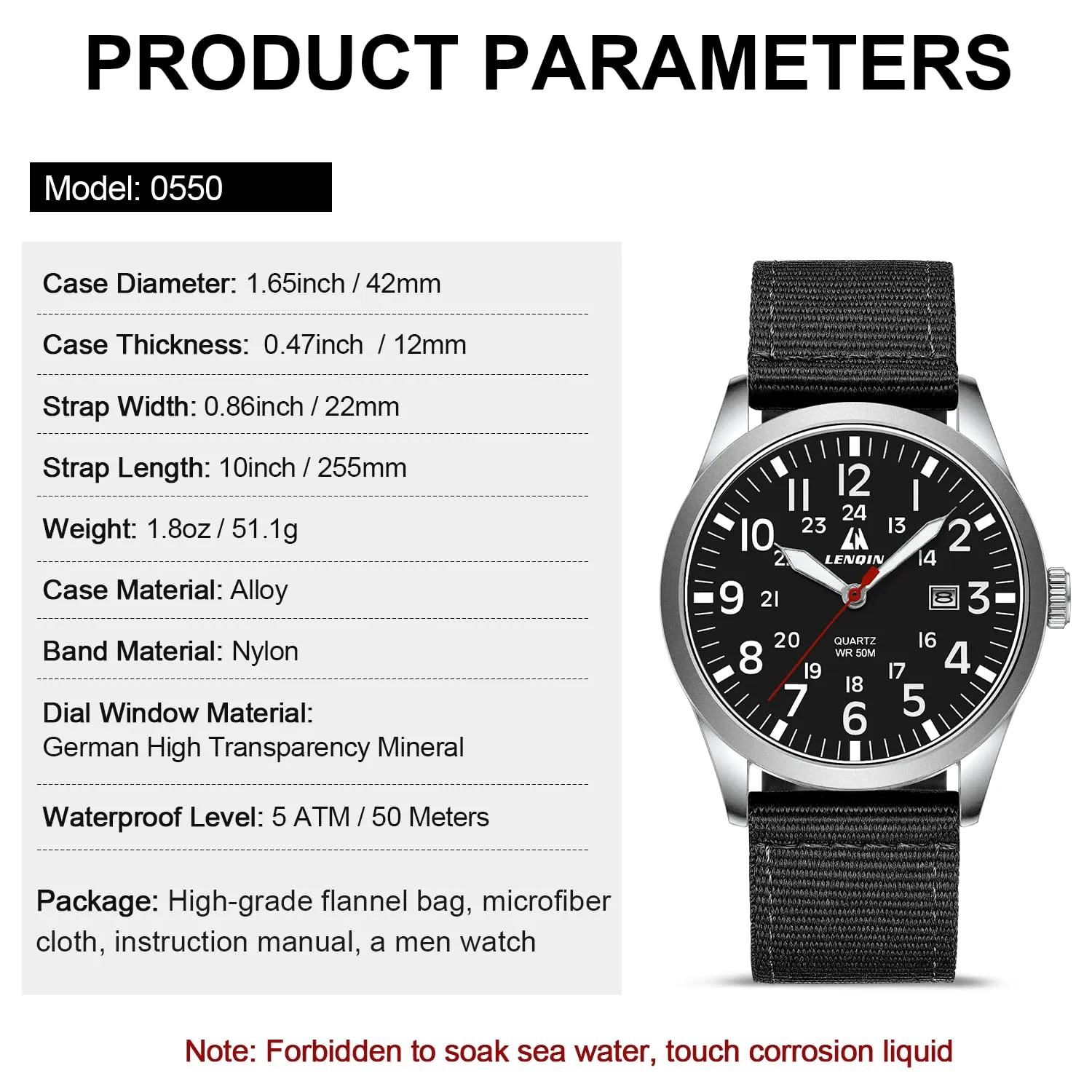 LN LENQIN Orologio Uomo Militare Analogico Quarzo Nylon Datario 3ATM - immagine 5