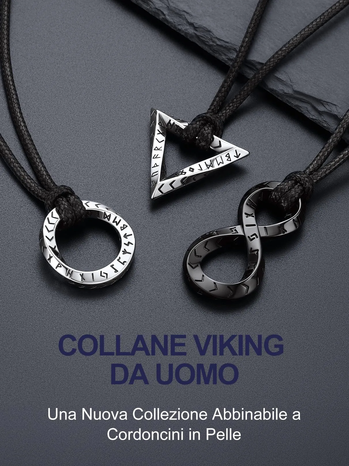 Bandmax Collana Uomo Runa Vichinga in Acciaio Inossidabile/Nero, Ciondolo runico Mobius Infinito con Catena in Pelle Intrecciata Nera Amuleto Gioielli Vichinghi per Donna e Uomo - immagine 3