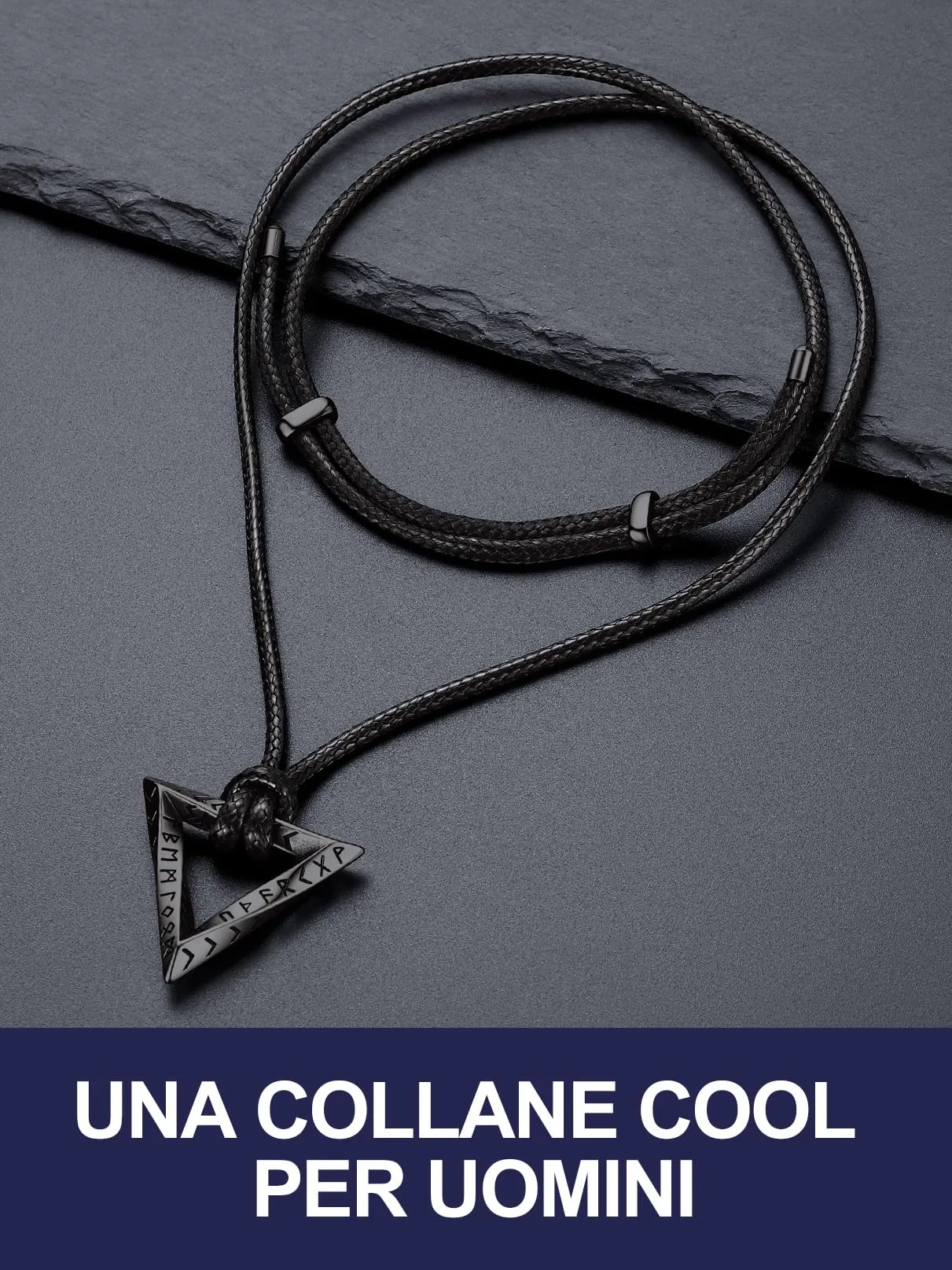 Bandmax Collana Uomo Runa Vichinga in Acciaio Inossidabile/Nero, Ciondolo runico Mobius Triangolare con Catena in Pelle Intrecciata Nera Amuleto Gioielli Vichinghi per Donna e Uomo - immagine 4